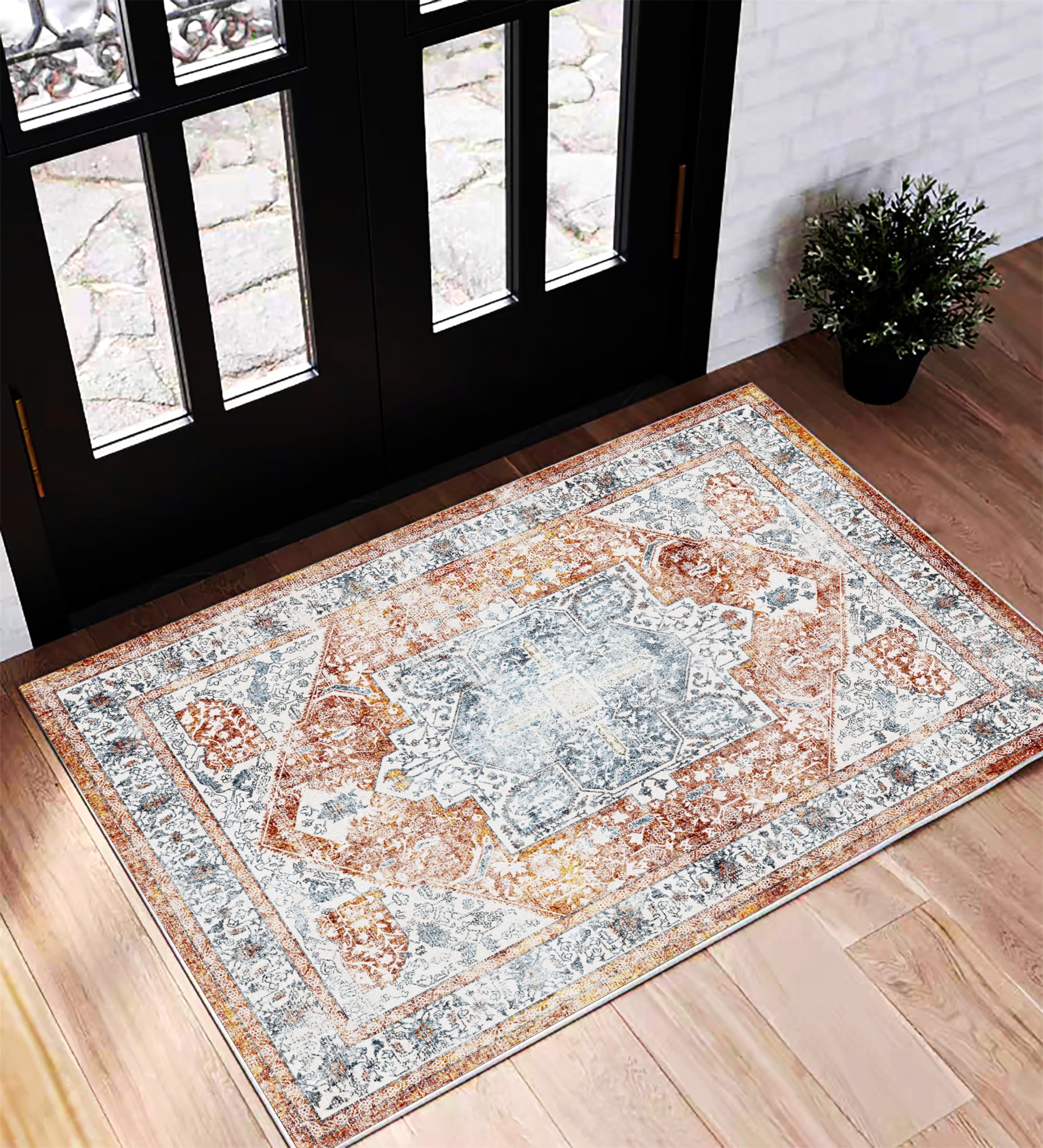 CHAMPLANT Area Rug 2x3 Washable Rug Door Mat Vintage Distressed Rug Doormat Indoor Entrance Traditional Thin Floral Print Non Slip Carpet for Kitchen