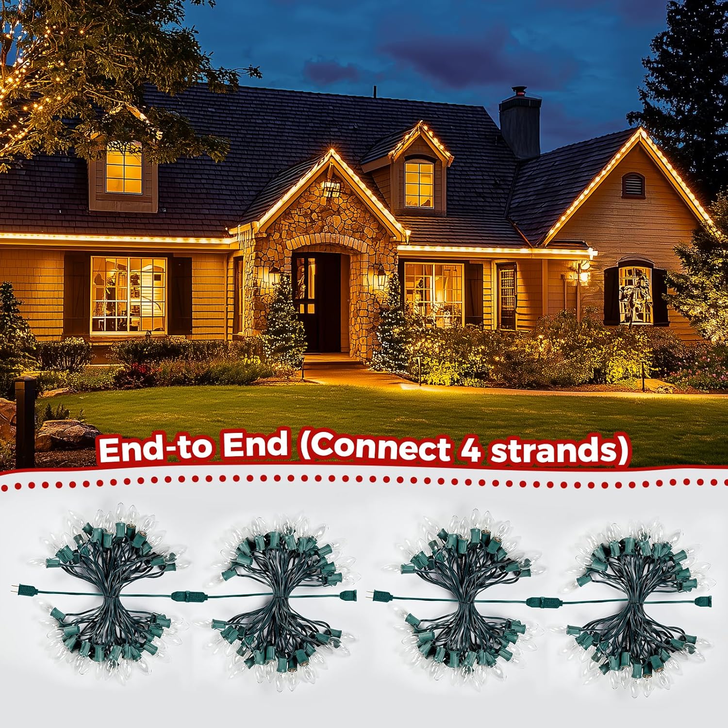 C9 Christmas Lights Outdoor 50FT Warm White Clear Haning Vintage C9 String Lights for Christmas Tree Indoor Room Outdoor Roof Patio Party Xmas Home Decoration, 50 +2 Bulbs, E17 Base, Green Wire