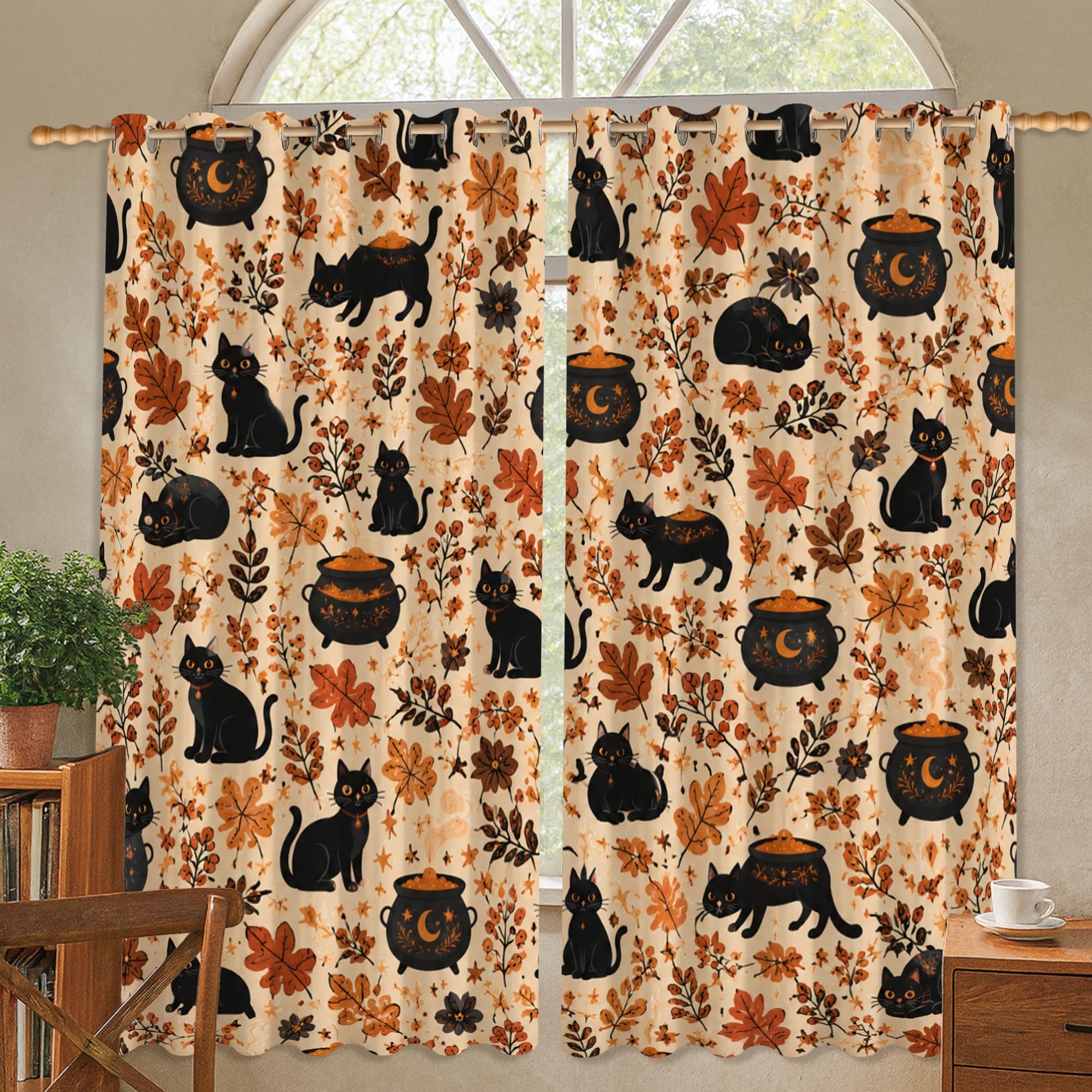 Rideaux occultants chat Halloween orange 106x114 cm pour salon