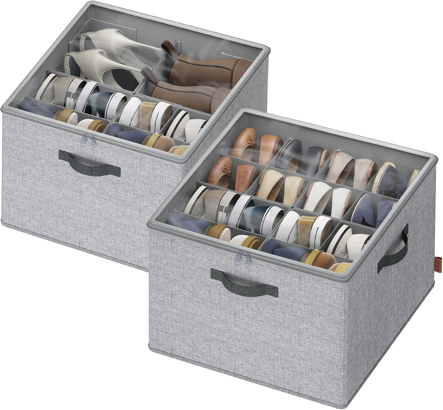 SONGMICS Shoe Organizer for Closet, Fabric Shoe Organizer Box with Adjustable Dividers, Storage Compartments, Stackable, Transparent Lid, for up to 16 Pairs, Set of 2, Dove Gray ULSP622GD01