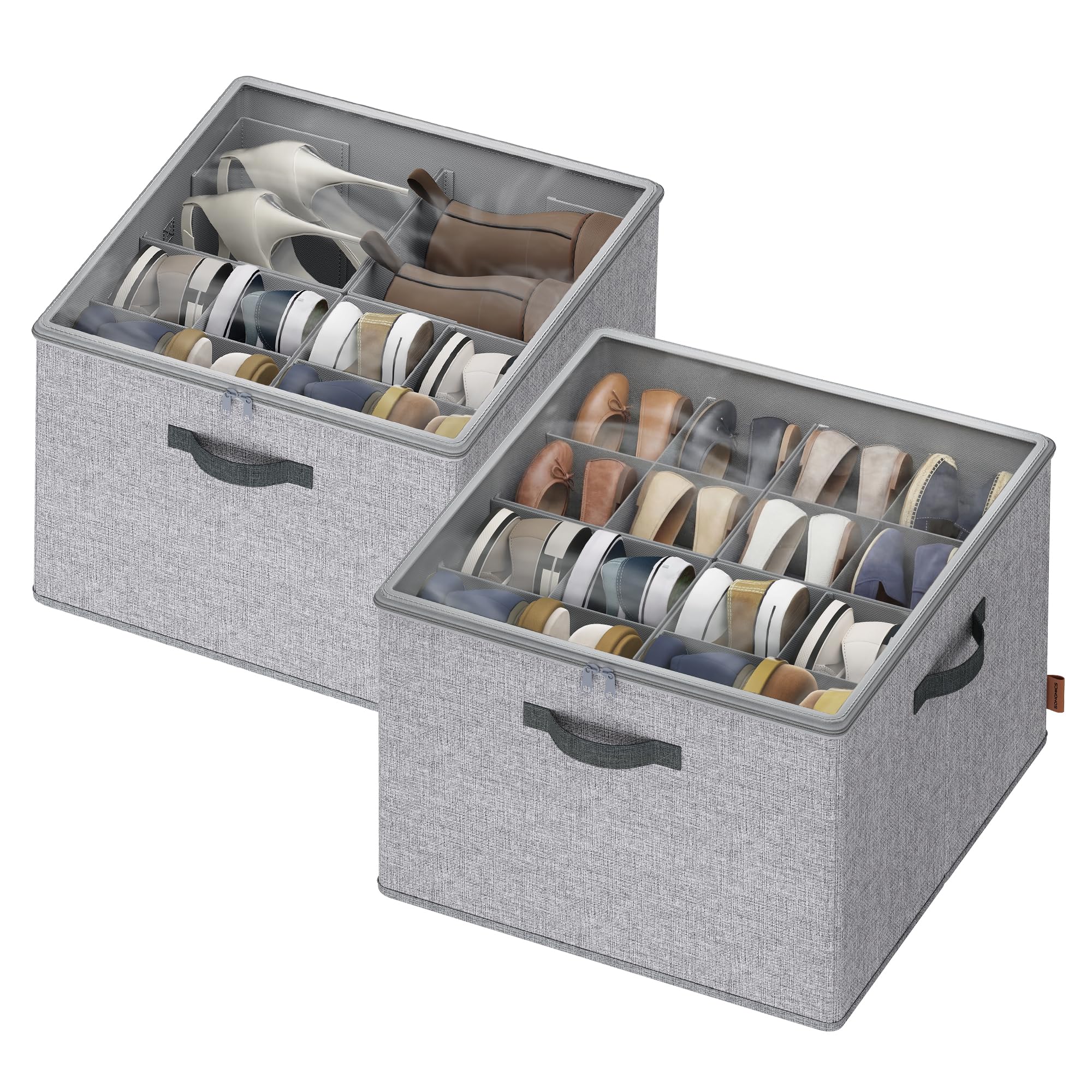 Songmics Cattail Grey Shoe Organisers For Up To 16 Pairs Each, Space-Saving Shoe Storage, Adjustable Dividers, Stackable, Transparent Lid, For Closet, Set Of 2, Dove Grey Lsp622gd01