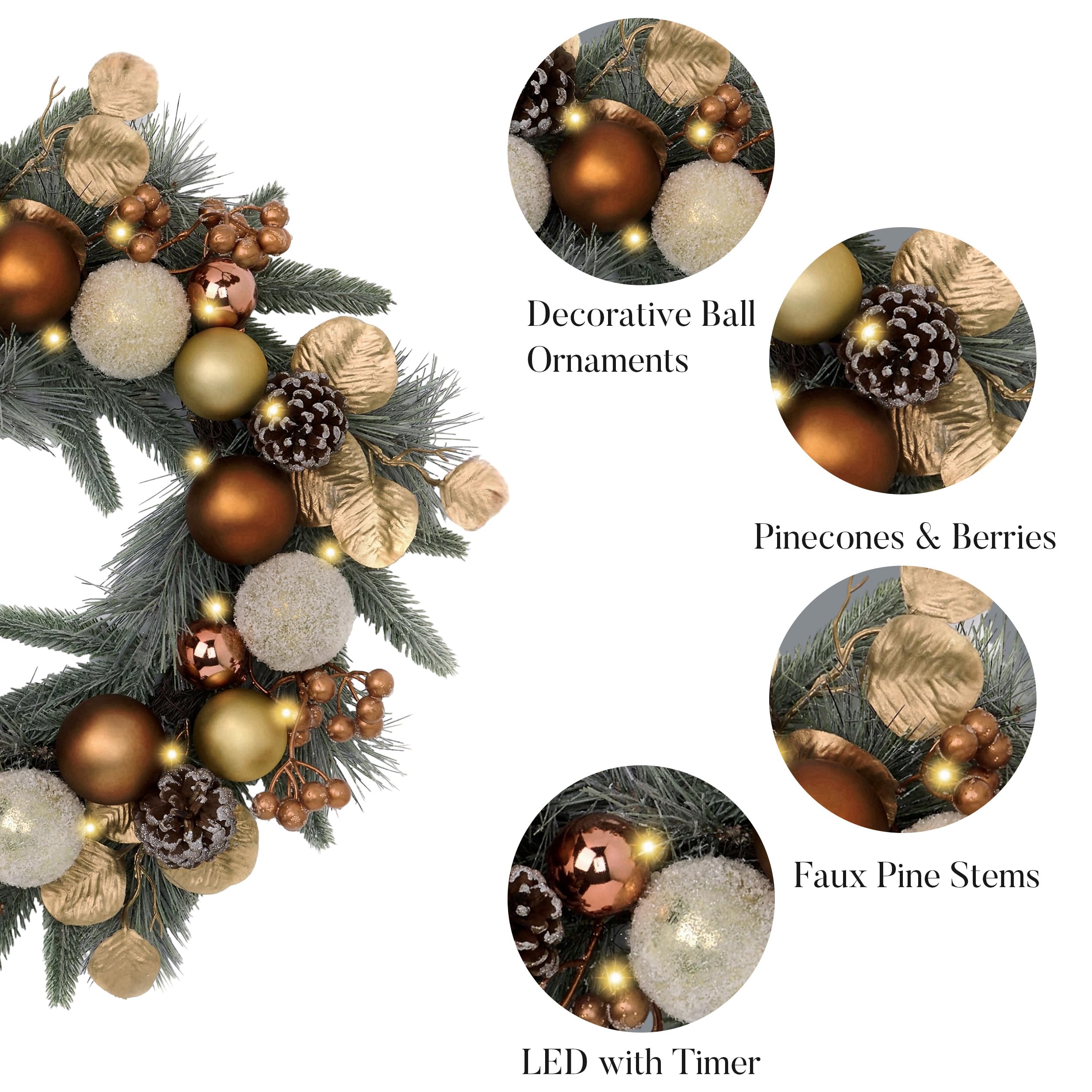 Valery Madelyn Couronne de Noël pré-éclairée de 50,8 cm pour Porte d'entrée avec lumières, Grande Couronne de Noël éclairée avec Boules de Noël en cuivre Bronze pour cheminée, fenêtre, Table