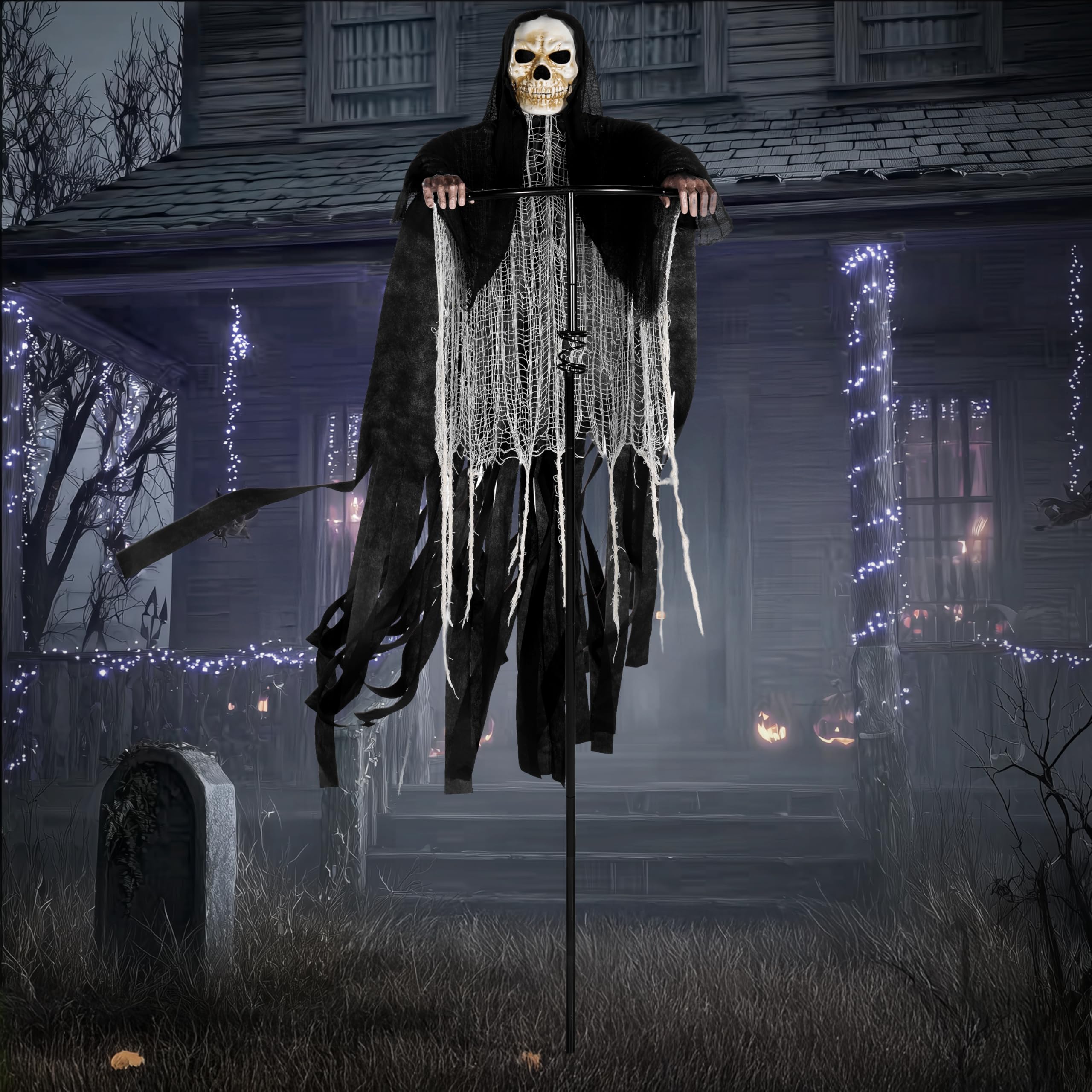 JOYIN Halloween Sensenmann Dekoration 180CM, drehbare Fliegende Schrei-Vogelscheuche, Skelett-Geister-Dekoration für Außen, geeignet für Frihof, Spukhaus, Garten, Veranda, Rasen