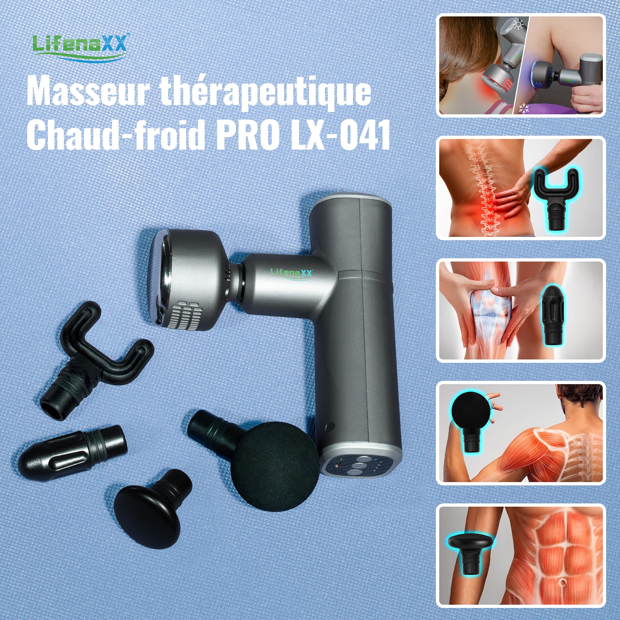 Pistolet de massage LX-041 Lifenaxx pour tissus profonds, 3 niveaux de chauffage et de refroidissement, 5 têtes, 4 niveaux massifs, chargé par USB, 2000mAh – Utilisation après le sport et au quotidien