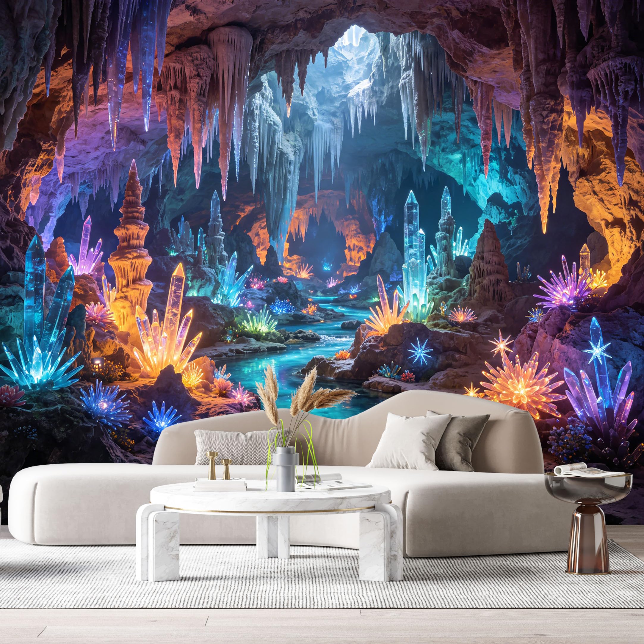 Custom Size Wall Murals Glowing Crystal Cave Underground River 3D Trompe L'Oeil Landscape SelfAdhesive Wall Fabric Removable Large Wallpaper for Photo Living Room