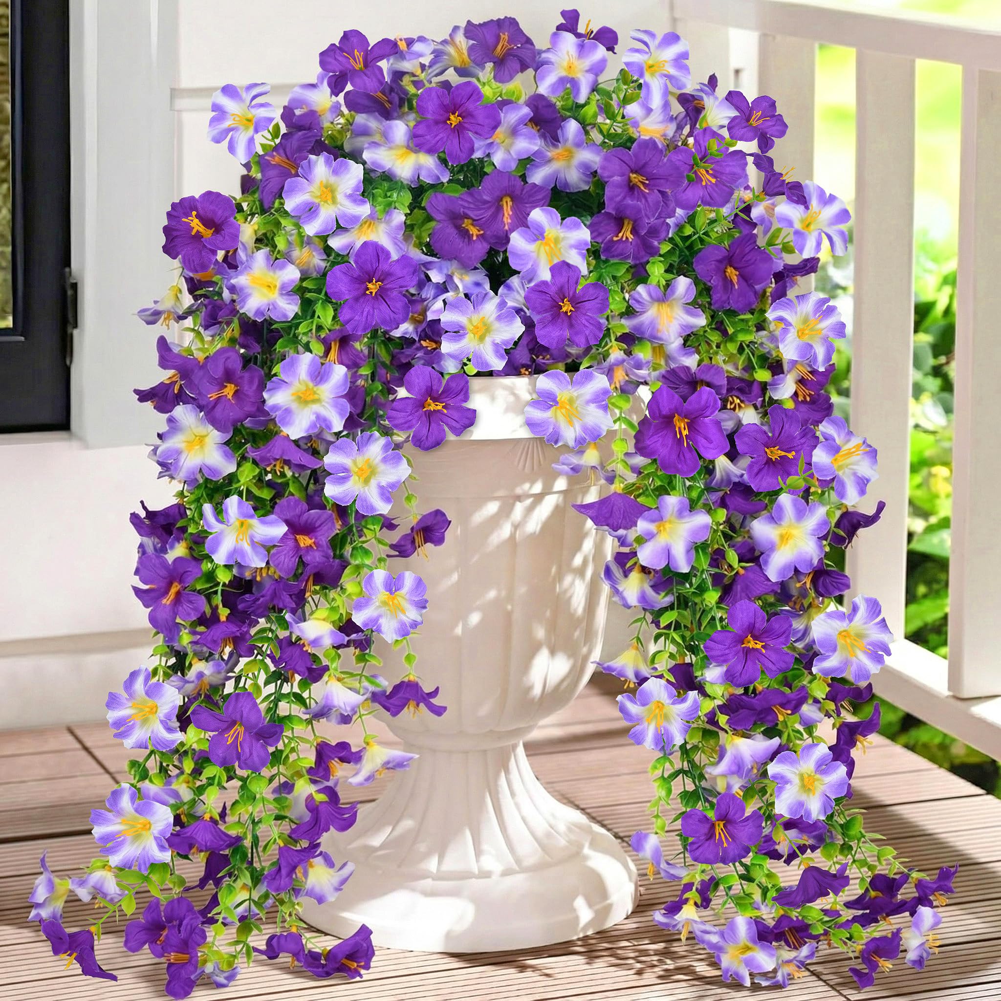 4PCS Artificial Hanging Flowers Outdoor UV-Resistant Fake Hanging Plants Flower Bouquet Artificial Morning Glory with Eucalyptus Hanging Drooping Plants for Wall Home Garden Yard Decor (Purple) — image 1