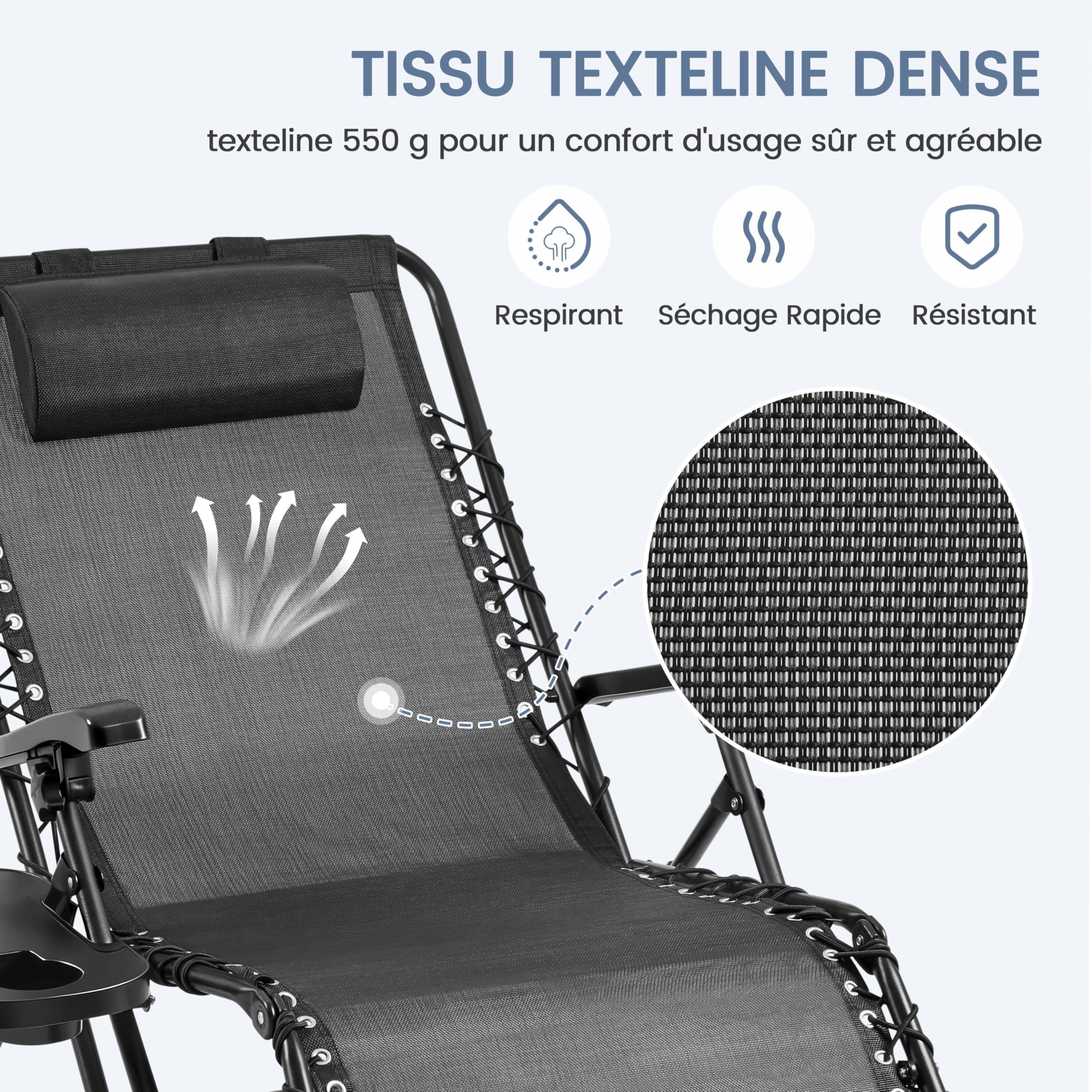 Abician Bain de Soleil Chaise Longue de Jardin avec Coussin, Fauteuil de Jardin Chaise Longue Pliable & Inclinable, avec Porte-Boisson Repose Pieds Appuie-tête Amovible, capacité 200kg aux intempéries