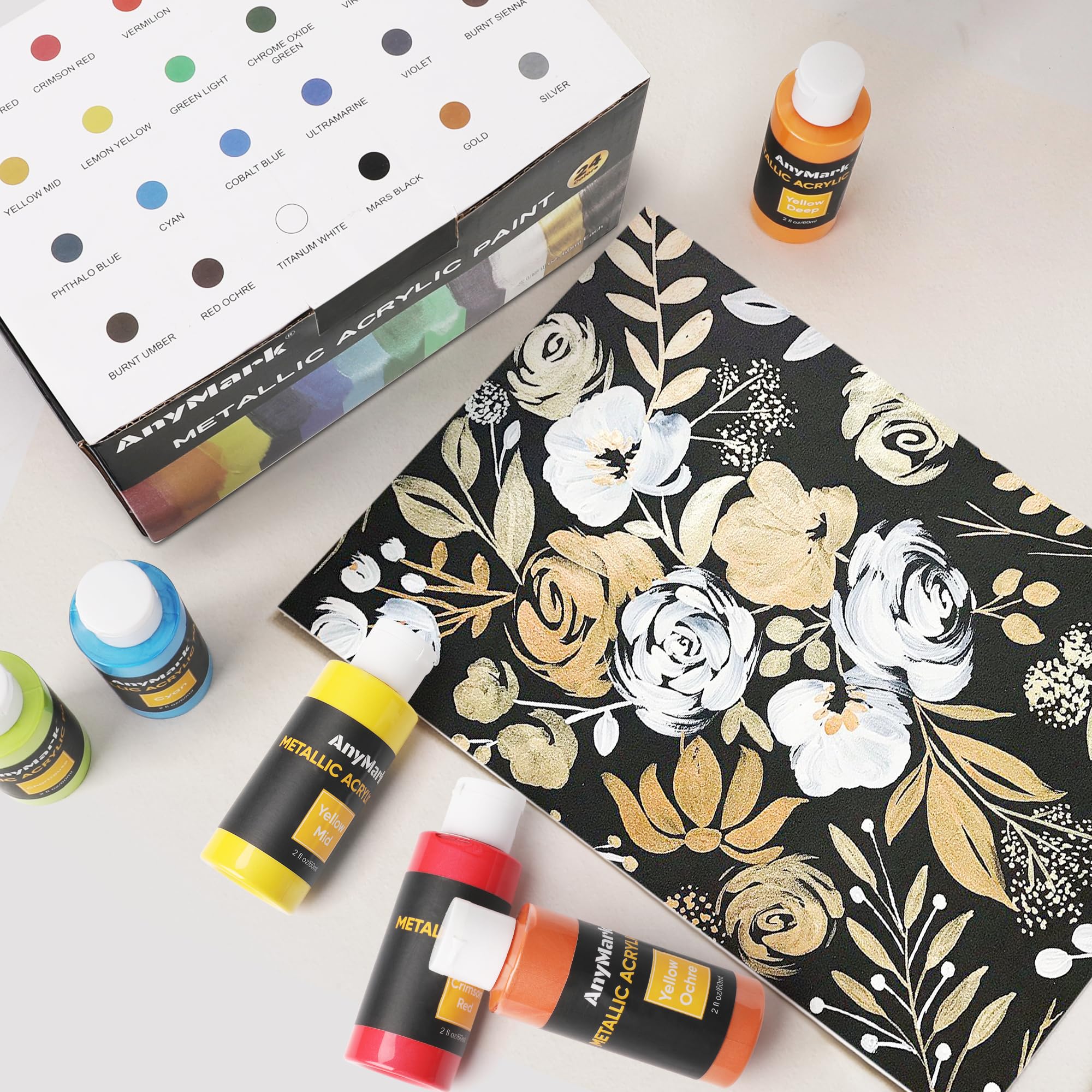 AnyMark Metallic Acrylfarbe, 48 Farben Acrylfarben-Set | Ungiftige Malutensilien für Leinwand, Stein, Holz, Keramik, 2 fl oz/60 ml Flaschen, 12 Pinsel