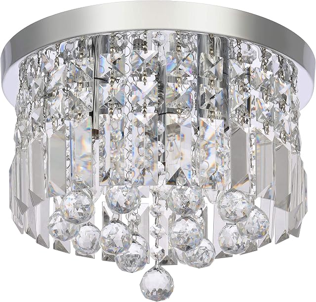 Modern Crystal Chandelier Lighting, A1A9 Round Flush Mount LED Ceiling Light Fixture, Elegant Chrome Pendant Lamp for Dining Room Bathroom Bedroom Living Room Lounge (D30cm)