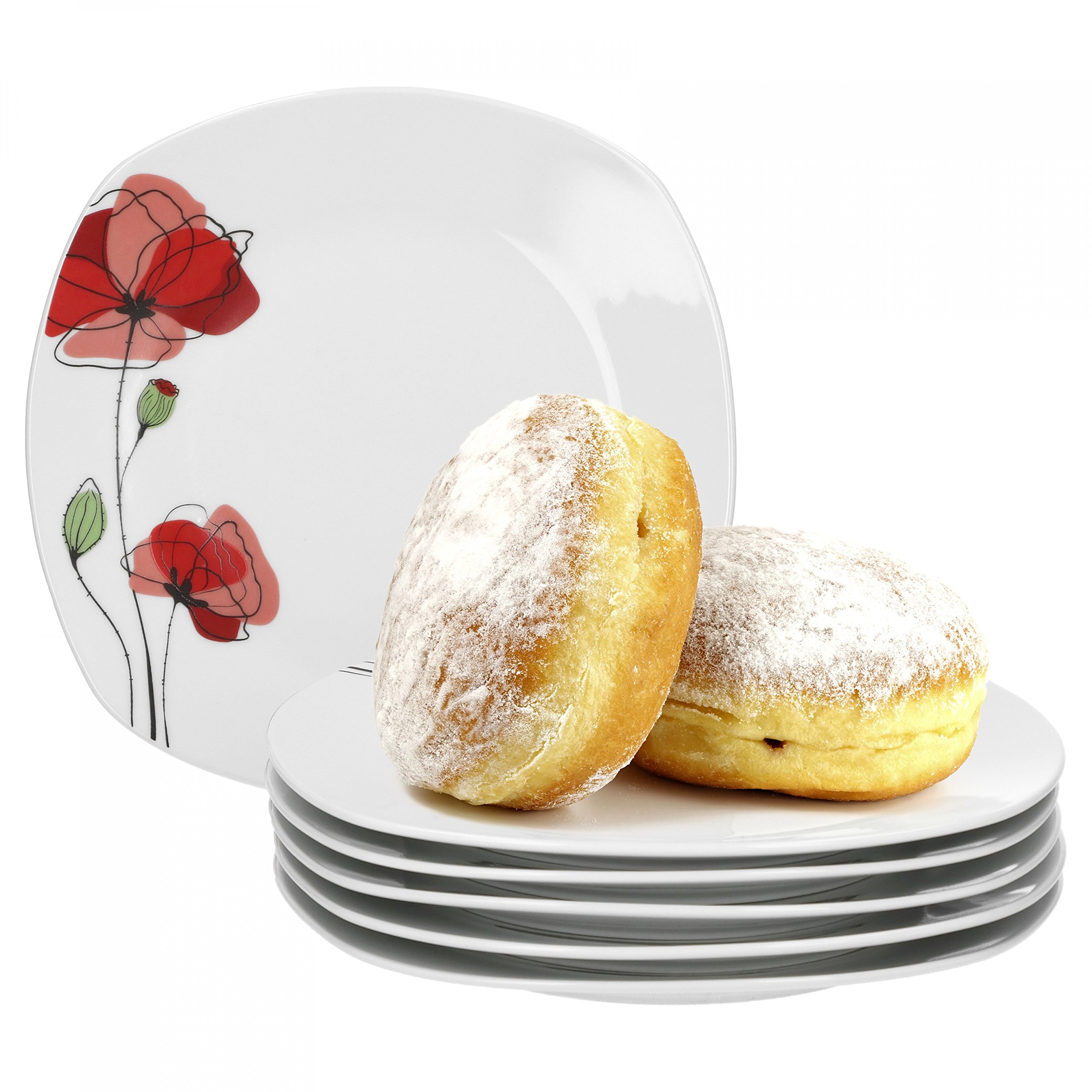 Lot De 6 Assiettes à Dessert Van Well Lilli - Porcelaine Blanche Carrée 19x19cm - Design Classique Brillant