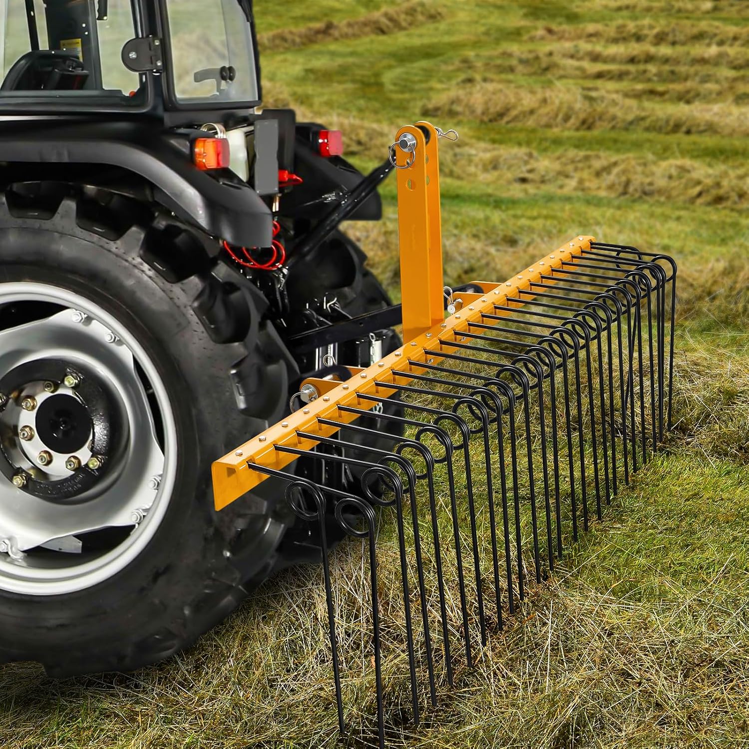 60" Steel Pine Straw Rake, Heavy Duty Steel Tow Behind Landscape Rake with 3 Point Hitch Fit to Cat 0 Cat 1 for Leaves, Grass and Straw, Yellow