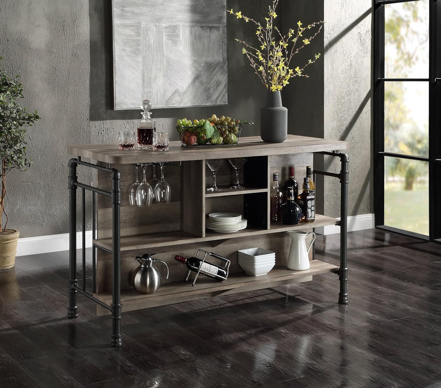 59" Sturdy Extendable Dining Table, Work Island with Storage Shelves, Kitchen Island Table for Kitchen, Gray,Oak