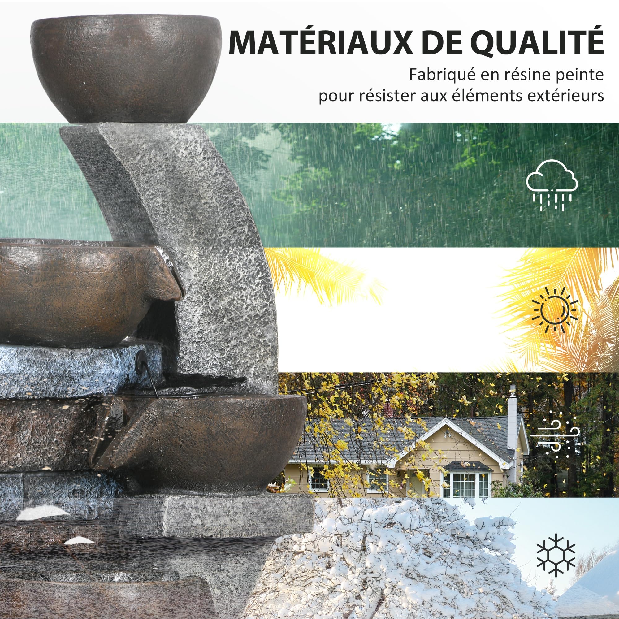 Outsunny Fontaine d'eau extérieure 5 Niveaux, Fontaine de Jardin avec lumières LED, Panneau Solaire 3,7 KW, Pompe, débit de 450L/h, en résine, Gris et Marron