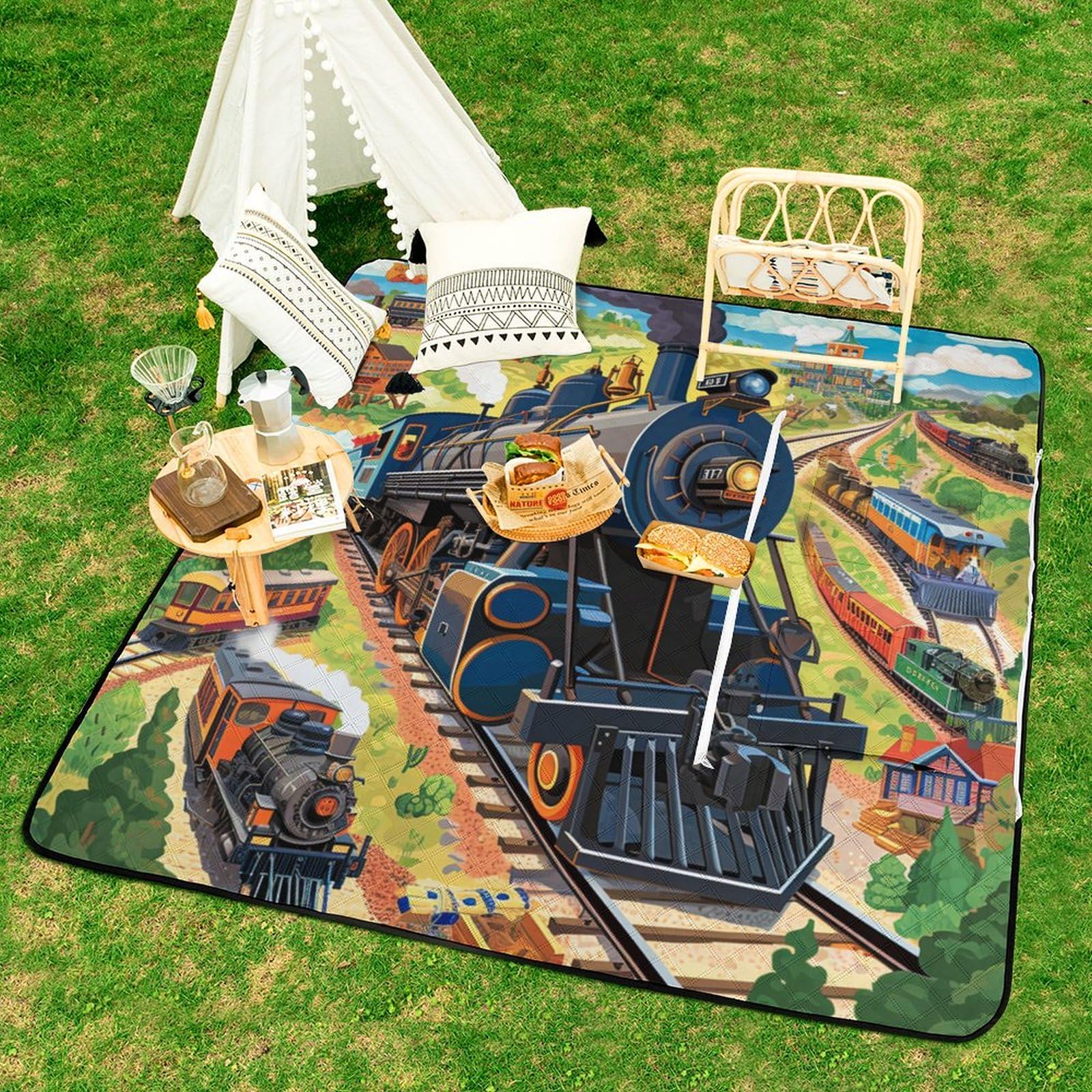 3D Stampa Locomotiva Coperta Picnic Impermeabile artee Telo Impermeabile Pieghevole Tappeto Pic Nic Per Campeggio, Trekking, Montagna, Viaggi 150x150cm