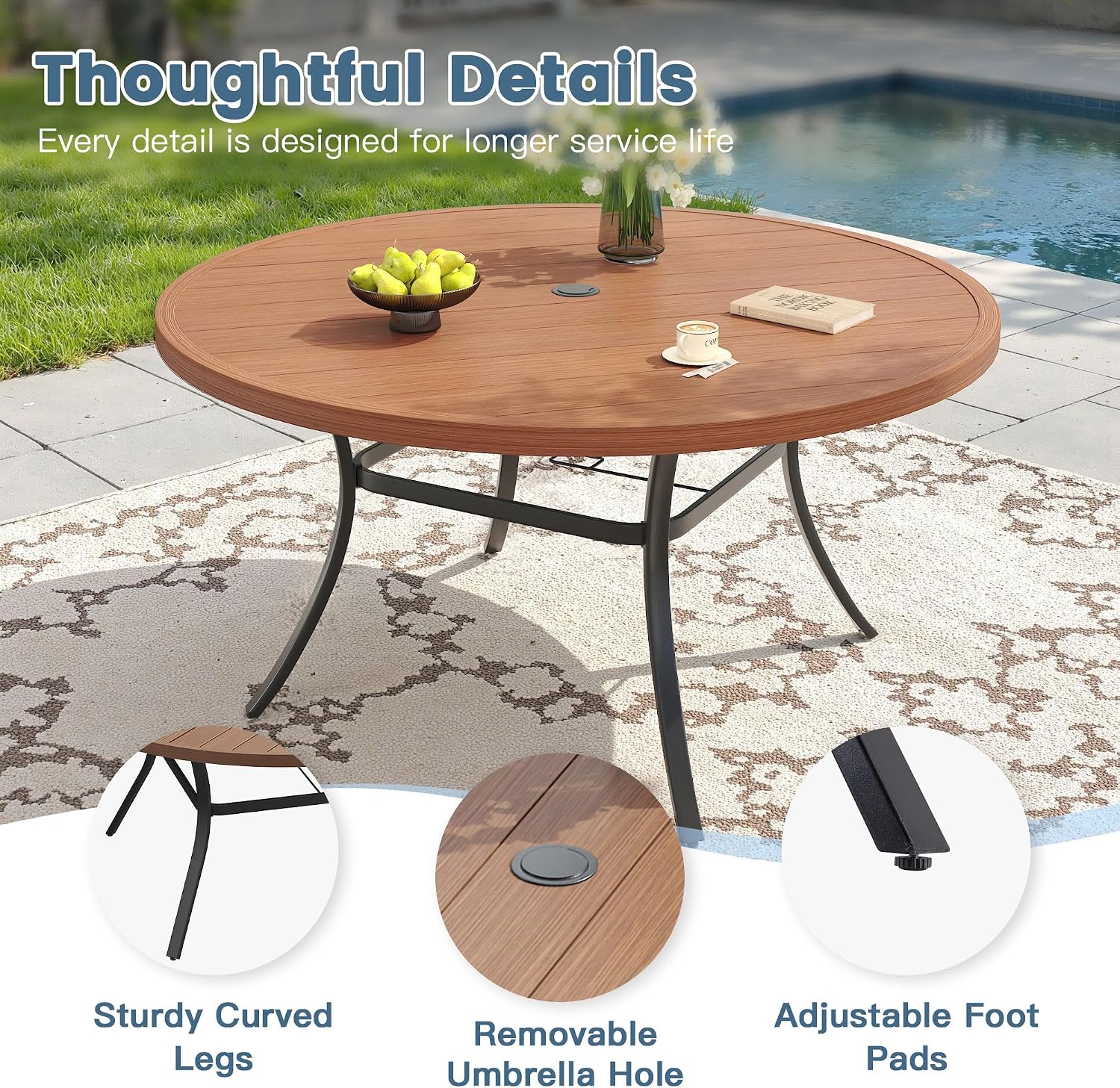 DIFY Outdoor Dining Set for 8, Patio Dining Furniture Set Includes 53" Walnut Round Table with Adjustable Umbrella Hole and 8 Brown Stackable Metal Chairs for Poolside, Garden, Backyard