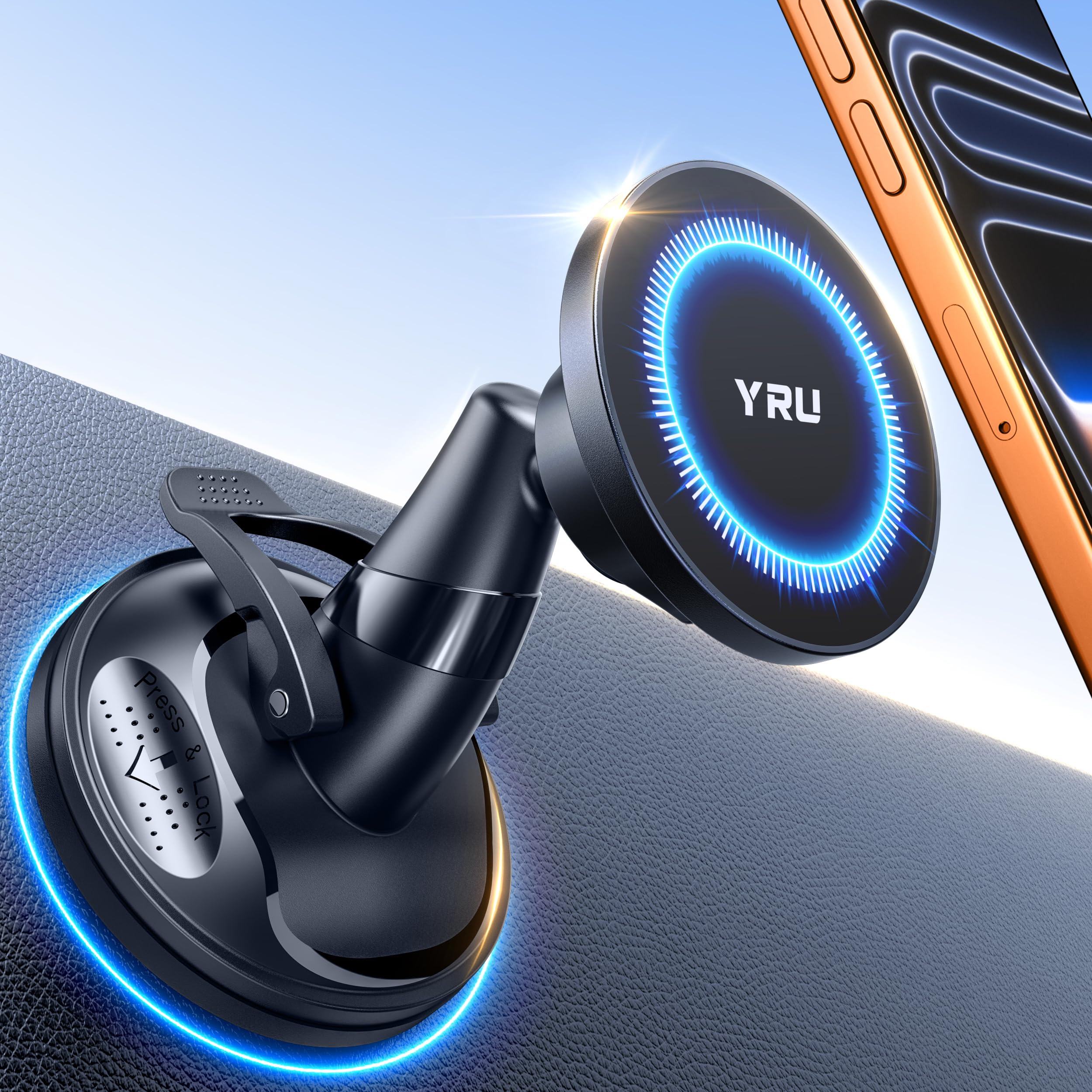 YRU True Upgraded Military-Grade Phone Holder for Magsafe Car Mount 360 Rotating Vacuum Suction Dashboard 2800gf Strongest Magnetic
