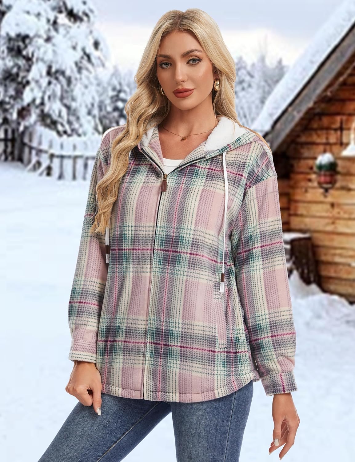 YUCOLEN Women's Fleece Flannel Jacket Plaid Zipper Sherpa Jacket Long Sleeve Hooded Winter Warm Coat with Pockets