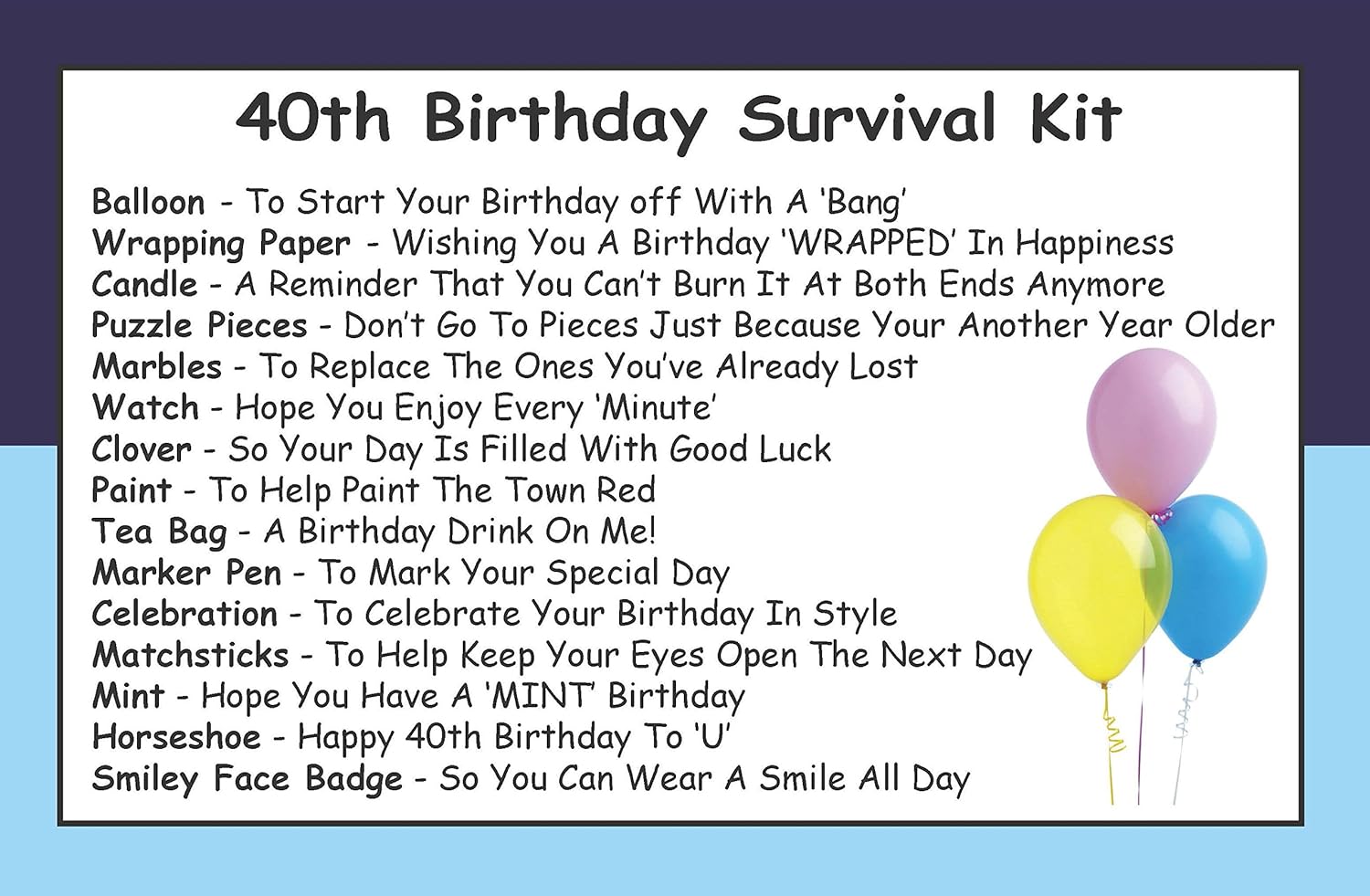 40th Birthday Survival Kit In A Can Gift. Novelty Fun Gifts For a Humorous Happy 40th. Gift Set Present For Men & Women Him or Her (Blue/Navy) - Image 3