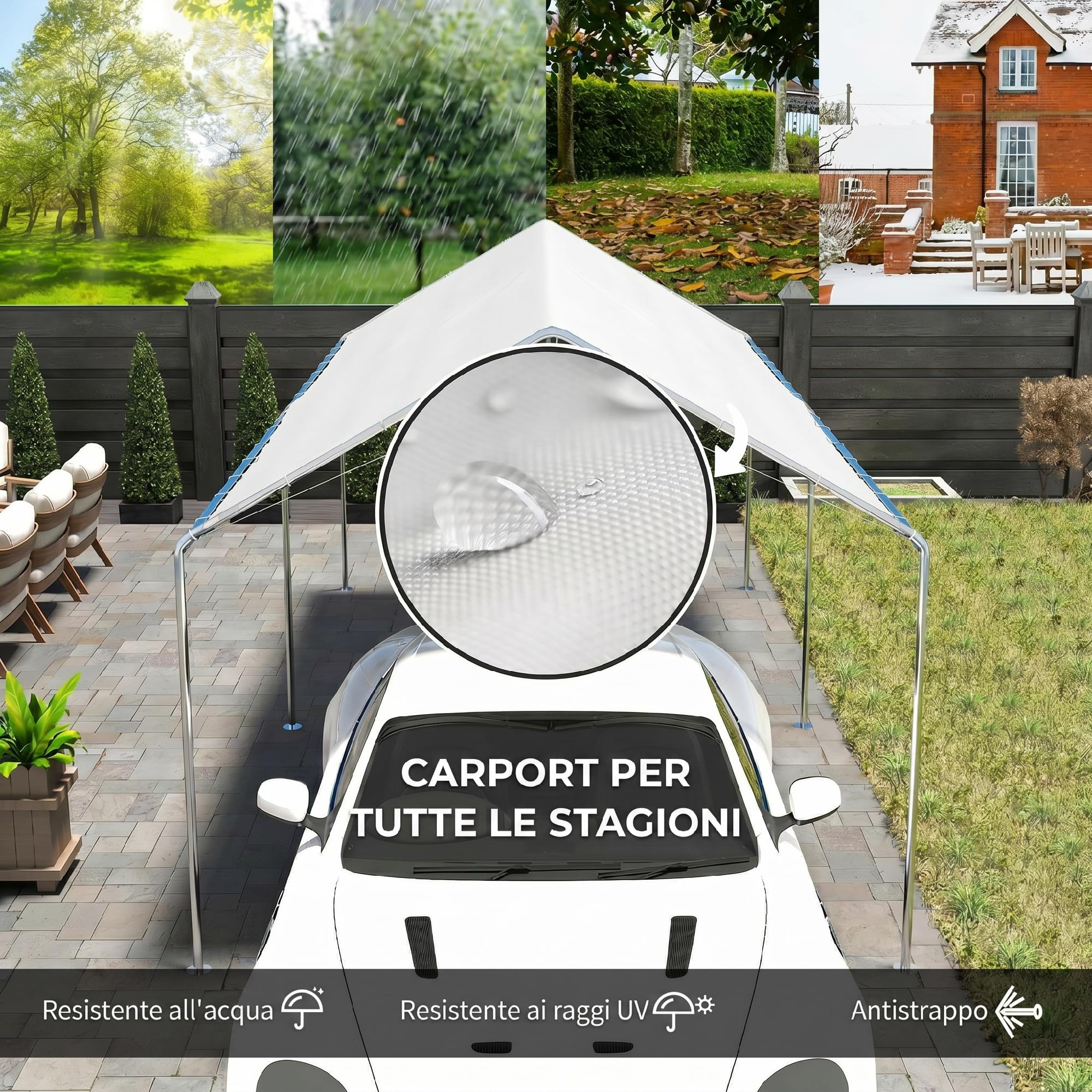 Outsunny Gazebo Copertura per Auto 6x3m Acciaio Zincato Bianco