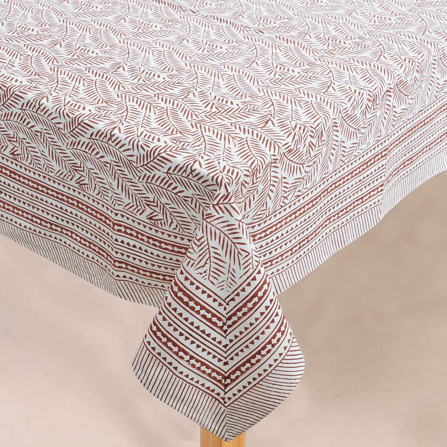 Handblock Print Cotton Tablecloth – 60x90 Rectangular Table Cover 6 Seats – Indian Block Printed Floral Dining Table Linen – Boho Washable Cloth for Kitchen, Party, Outdoor, Brown