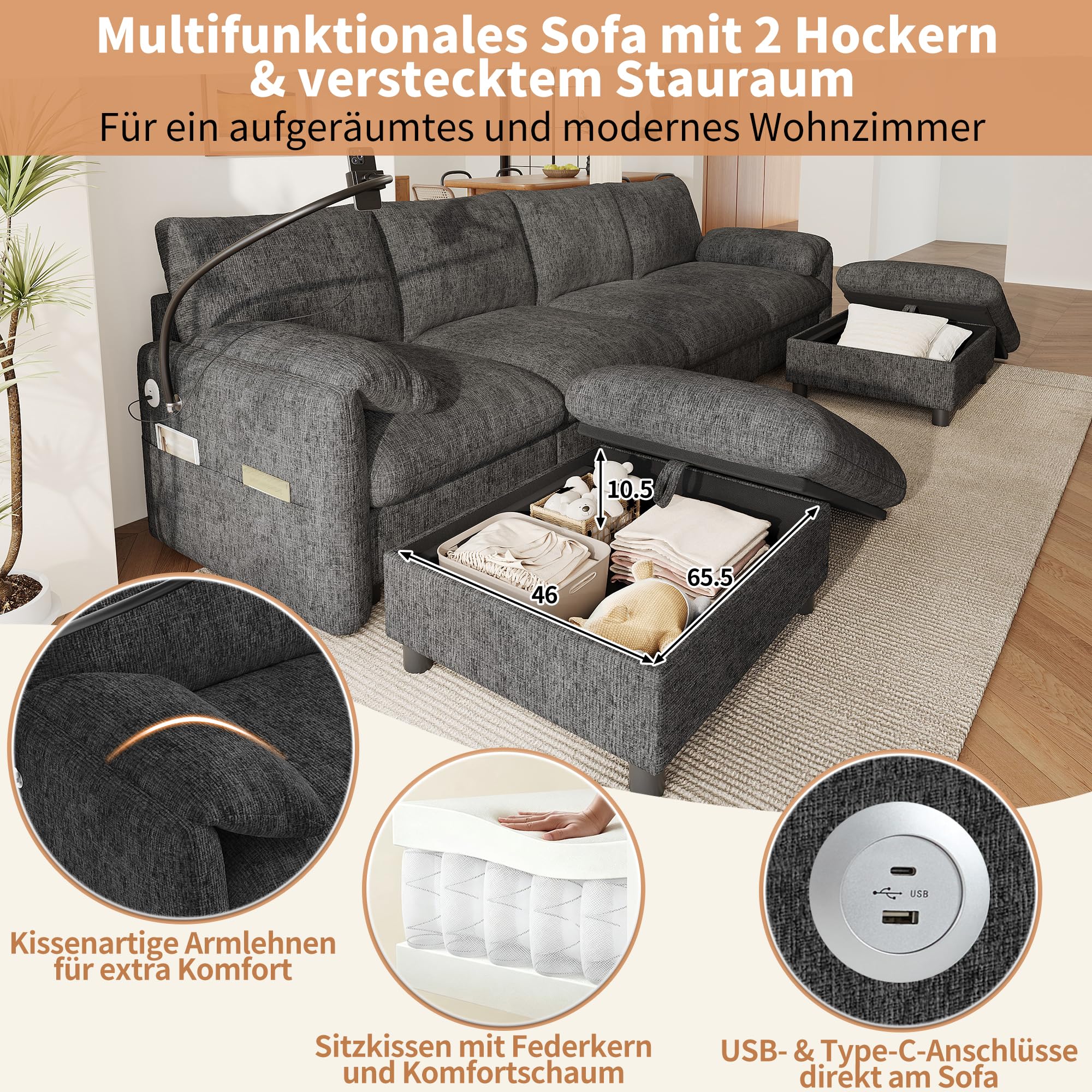 Sofá modular en forma de U con espacio de almacenamiento, felpilla, color gris (gris-A, 6 plazas)
