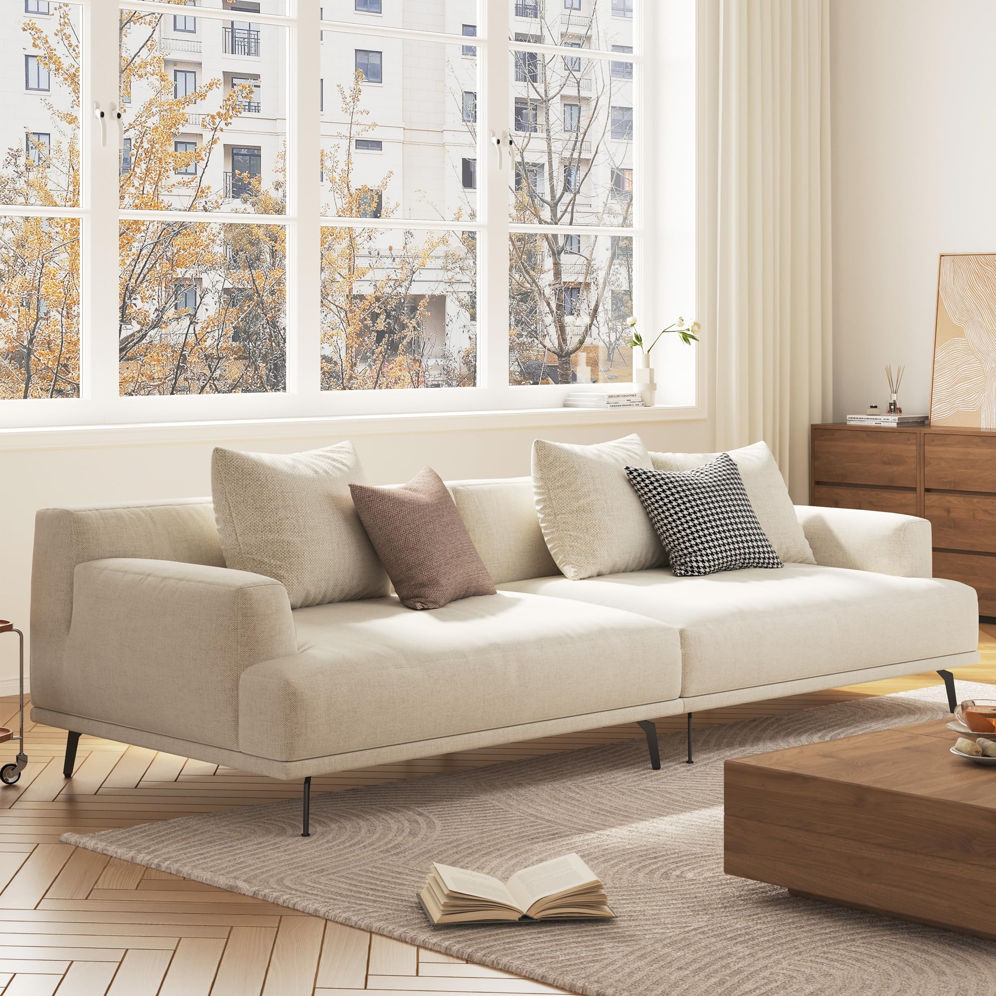 4-Seater Living Room Sofa - Modern Leisure Modular Sofa with Wooden Frame and Metal Legs Soft Cotton-Linen Fabric