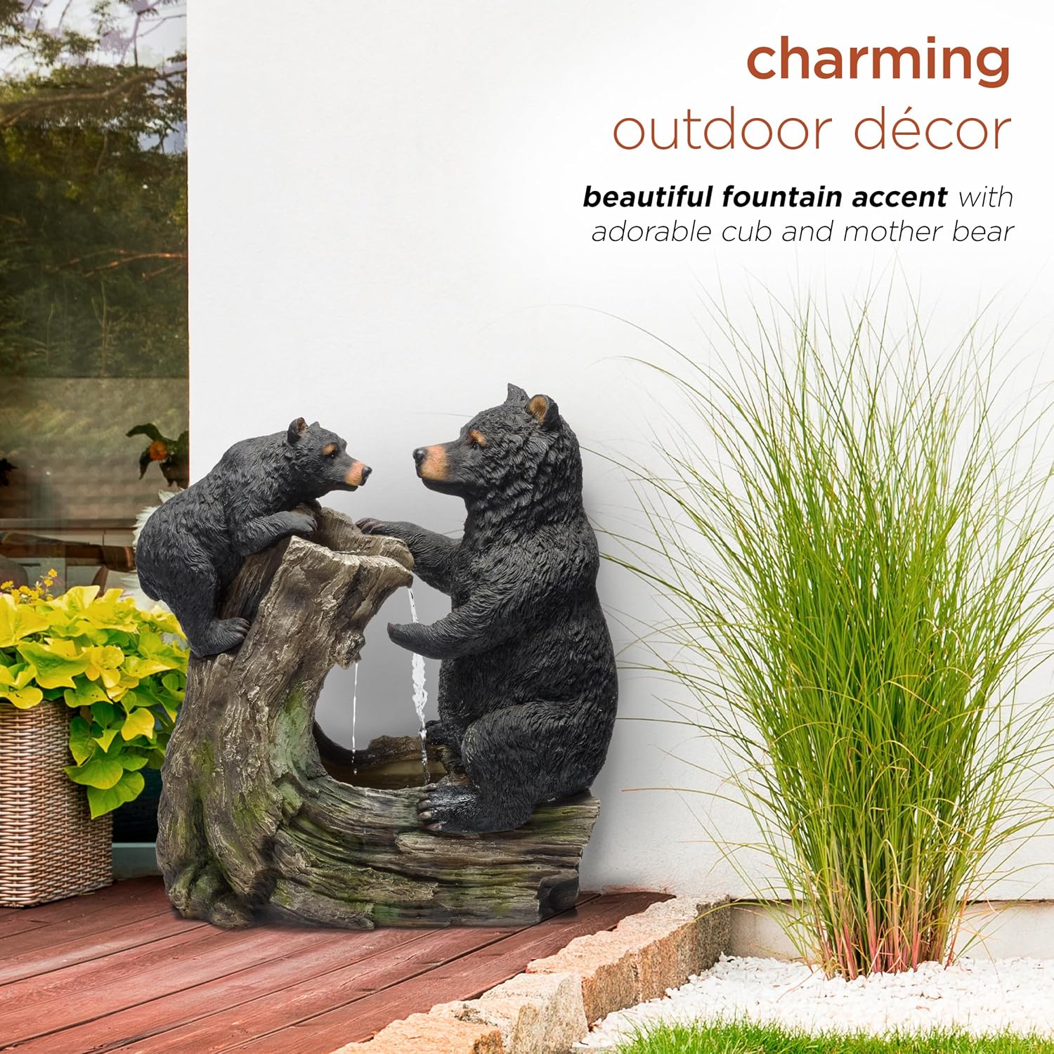 Alpine Corporation USA1132 Indoor/Outdoor Floor Bear and Cub on Log Fountain, Playful Bear and Cub Garden Fountain 26", Black