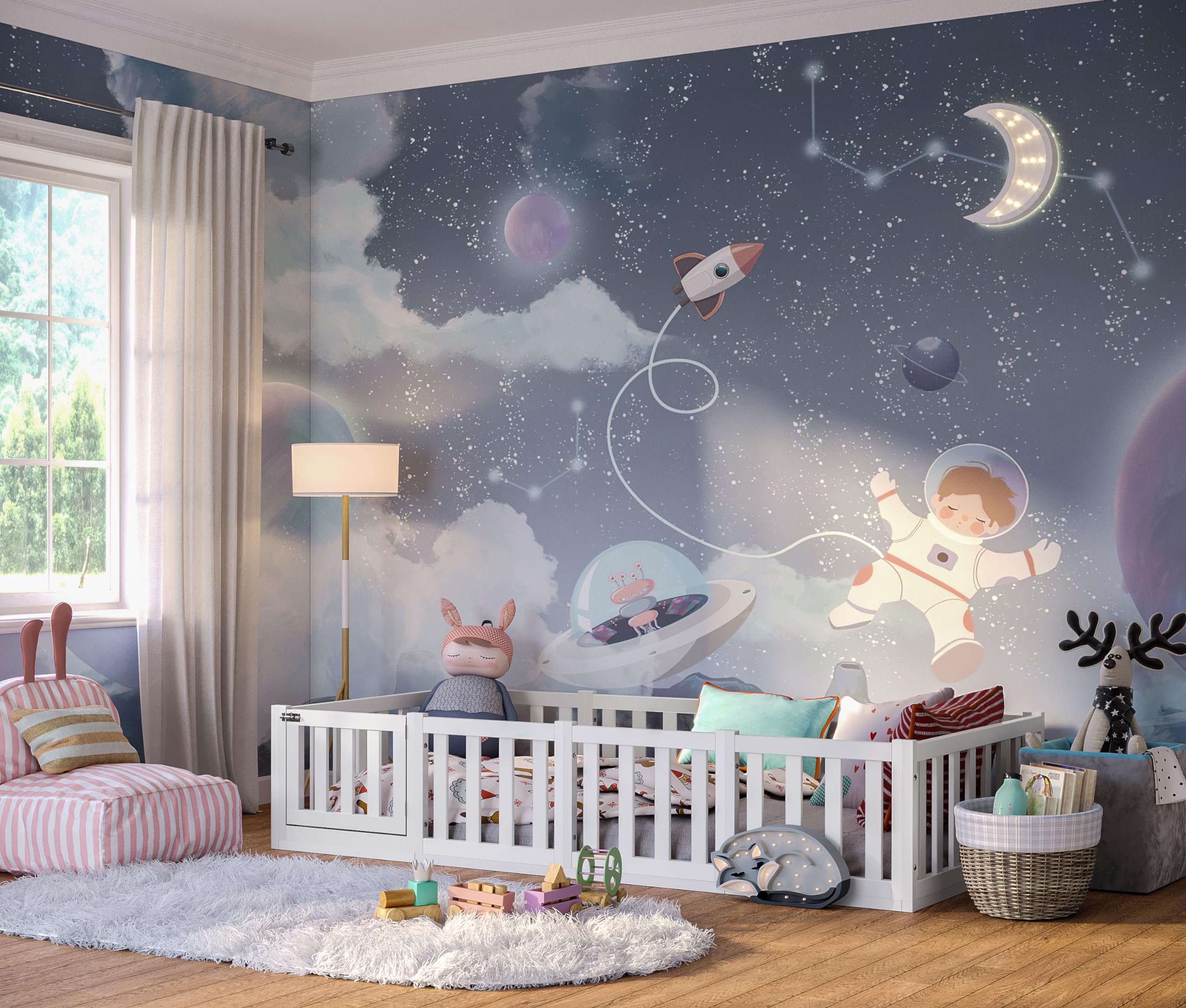 Bellabino Tapi Bett 90x200 cm, Kinderbett mit Rausfallschutz und Tür, inklusive Lattenrost, Montessori Bodenbett für Jungen und Mädchen aus Kiefer Massivholz, weiß lackiert, Bed