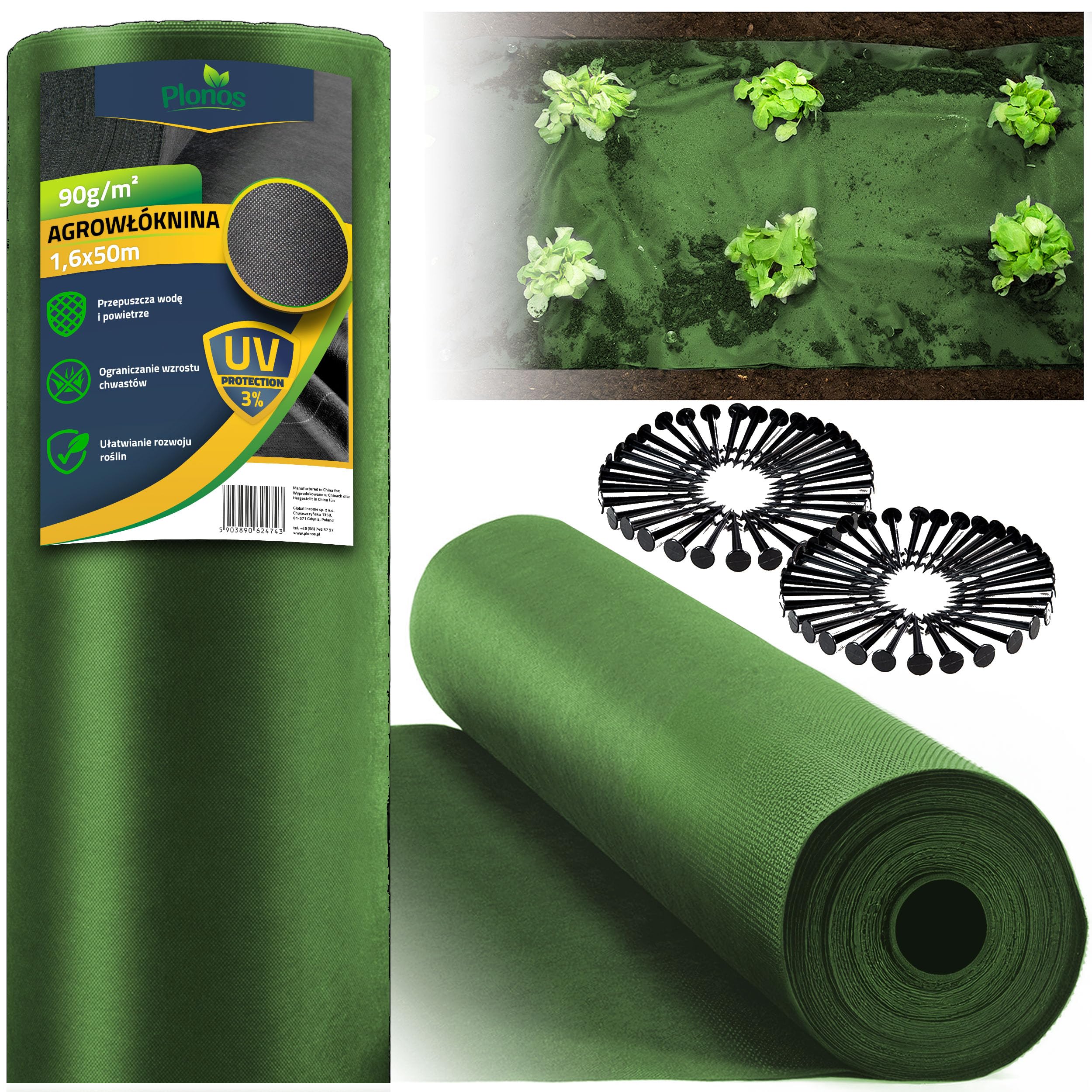 Toile anti-mauvaises herbes 90g/m² 1,6x50m avec 100 piquets
