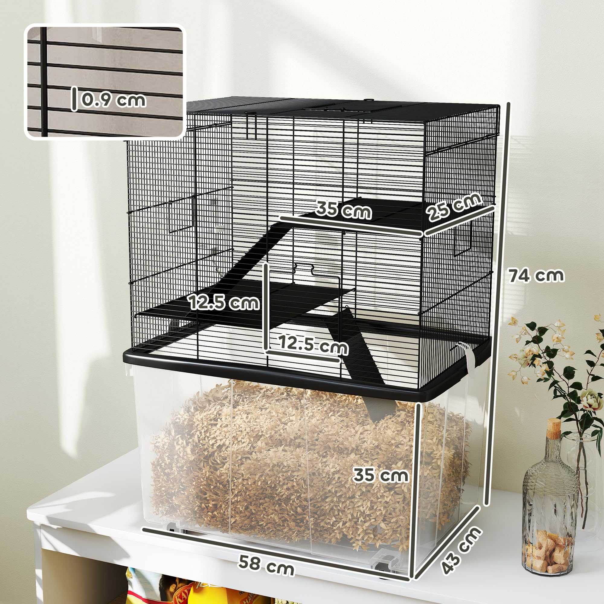 PawHut Gabbia per Criceti a 3 Livelli con Base Profonda 31 cm e Ruote, Casetta per Gerbilli con Rampe, Ciotola, Bottiglia, 58x43x74 cm, Nero