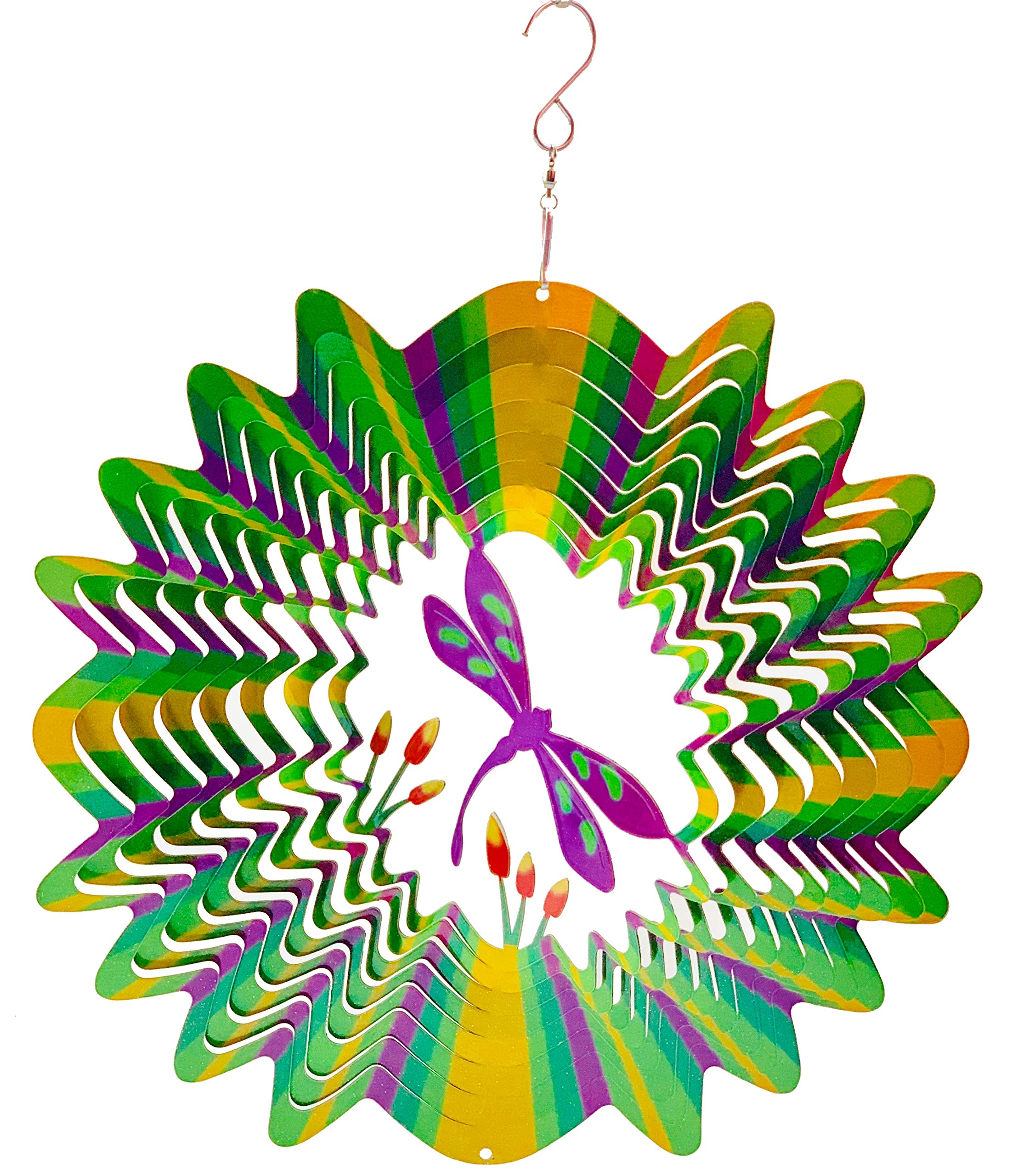 Girandola A Vento Dundee Deco W2202 – Mandala Libellula 30,5 Cm, Colori Viola Verde Giallo, In Acciaio Inox Per Interni/esterni, In Confezione Regalo