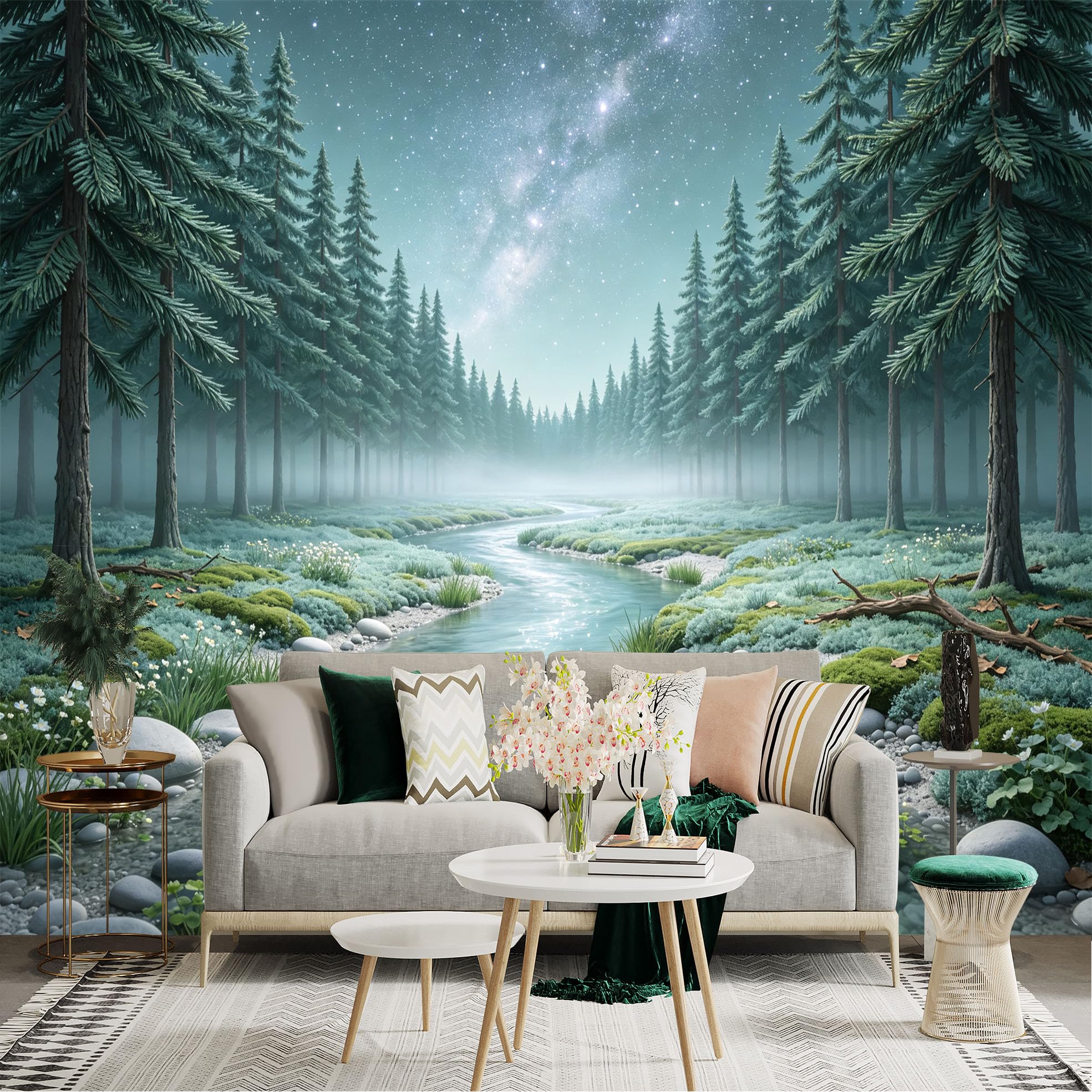 Lnzczhyre Bh260719352 Custom Size Wall Sticker Mural， Enchanted Forest With Flowing River， Misty Woodland Scenery， Glowing Starry Night， For Wall Decoration， Peelandstick Wall Decals.