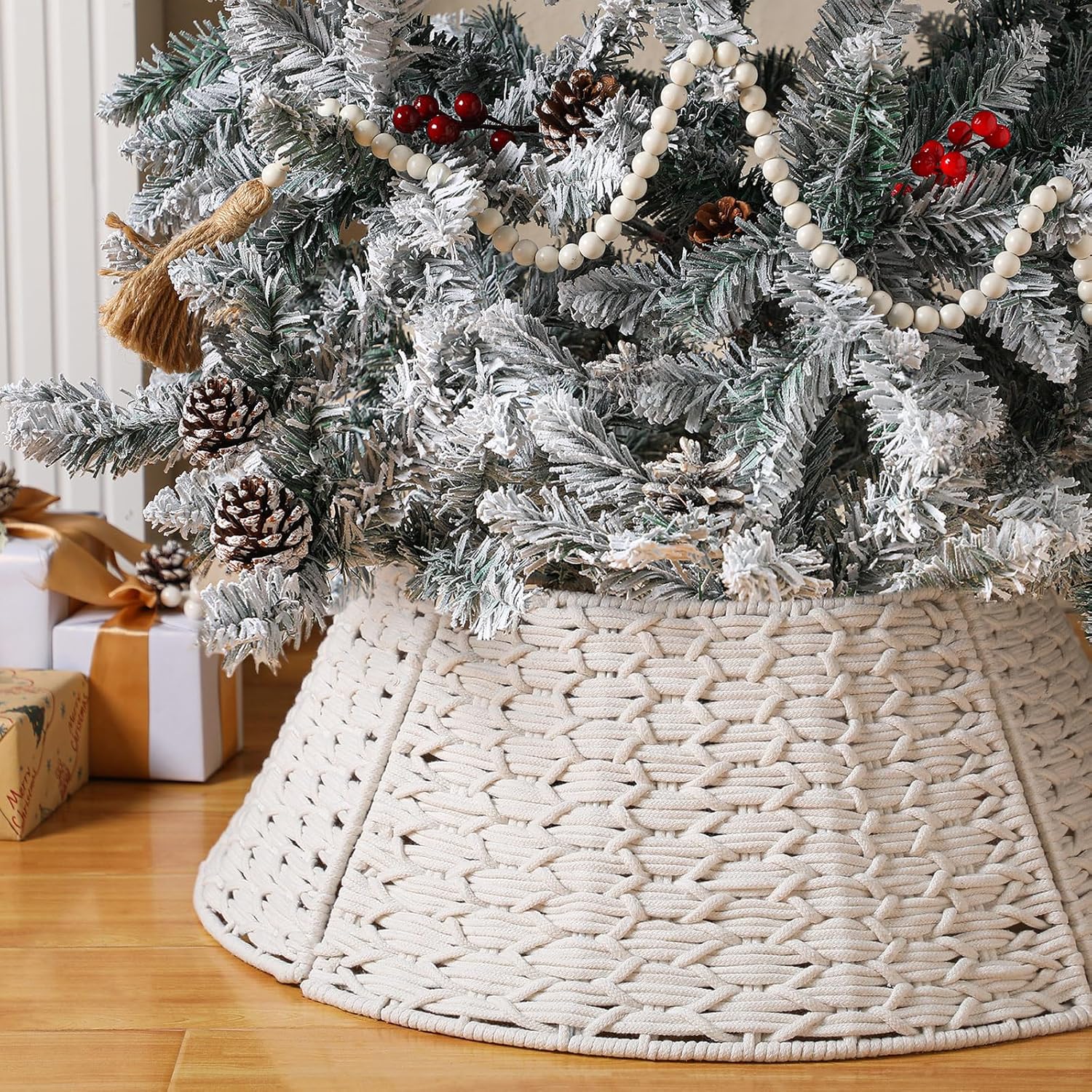 Shappy White Christmas Tree Collar Boho Christmas Tree Skirt Cotton Rope with Textured Crossed Pattern Boho Xmas Stand Cover Ring for Farmhouse Rustic Home Decor, White