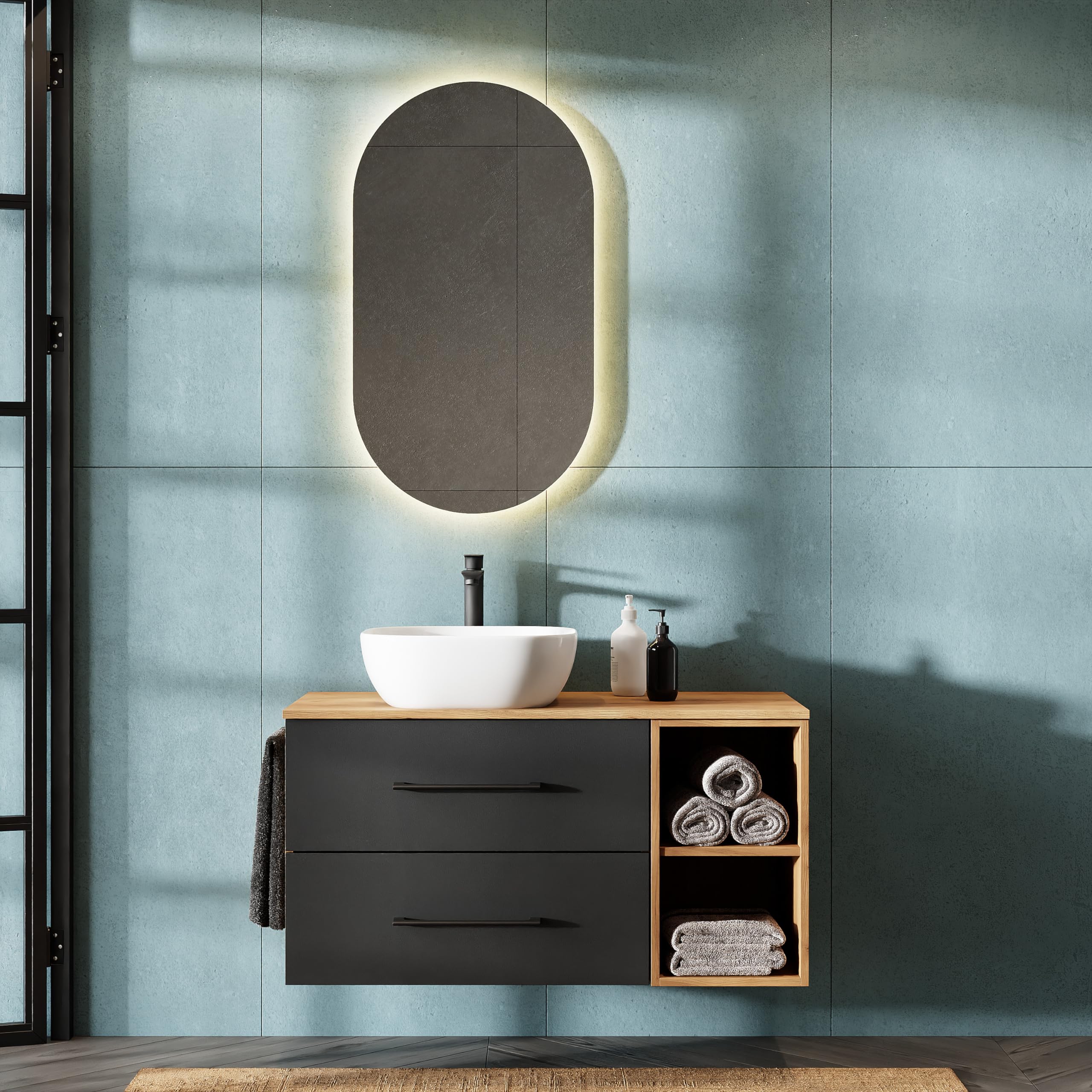 Planetmöbel LUX - Juego de muebles de baño con armario bajo (100 cm, lavabo de 42 cm, espejo de 50 cm (sin LED), color dorado y antracita