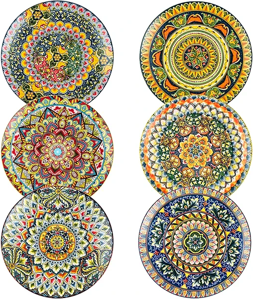Henten Home Ceramic Dessert Plates Set of 6, 8.5 Inch Porcelain Salad Plate, Colorful Bohemian Style Serving Dishes for Cake, Snack, Appetizer, Decorations, Dishwasher & Microwave Safe