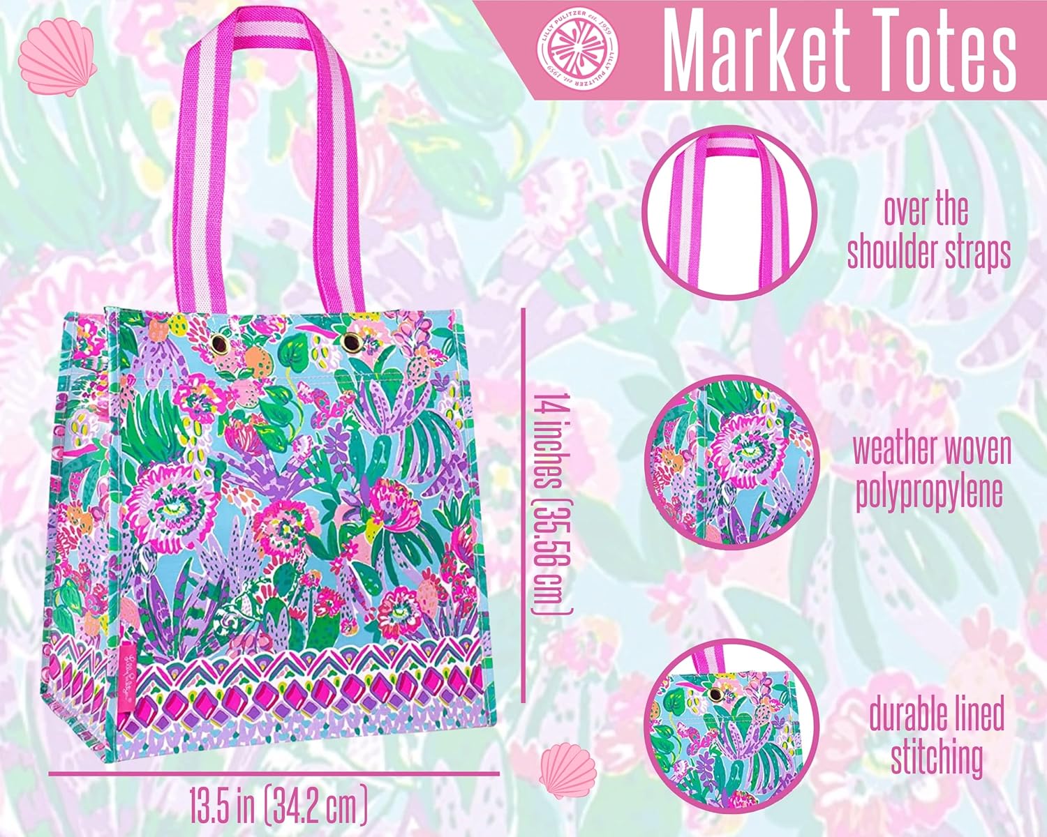 Lilly Pulitzer Market Shopper Bag, Reusable Grocery Tote, Shoulder Bag for Produce or Travel | for Produce, for Travel - Image 4