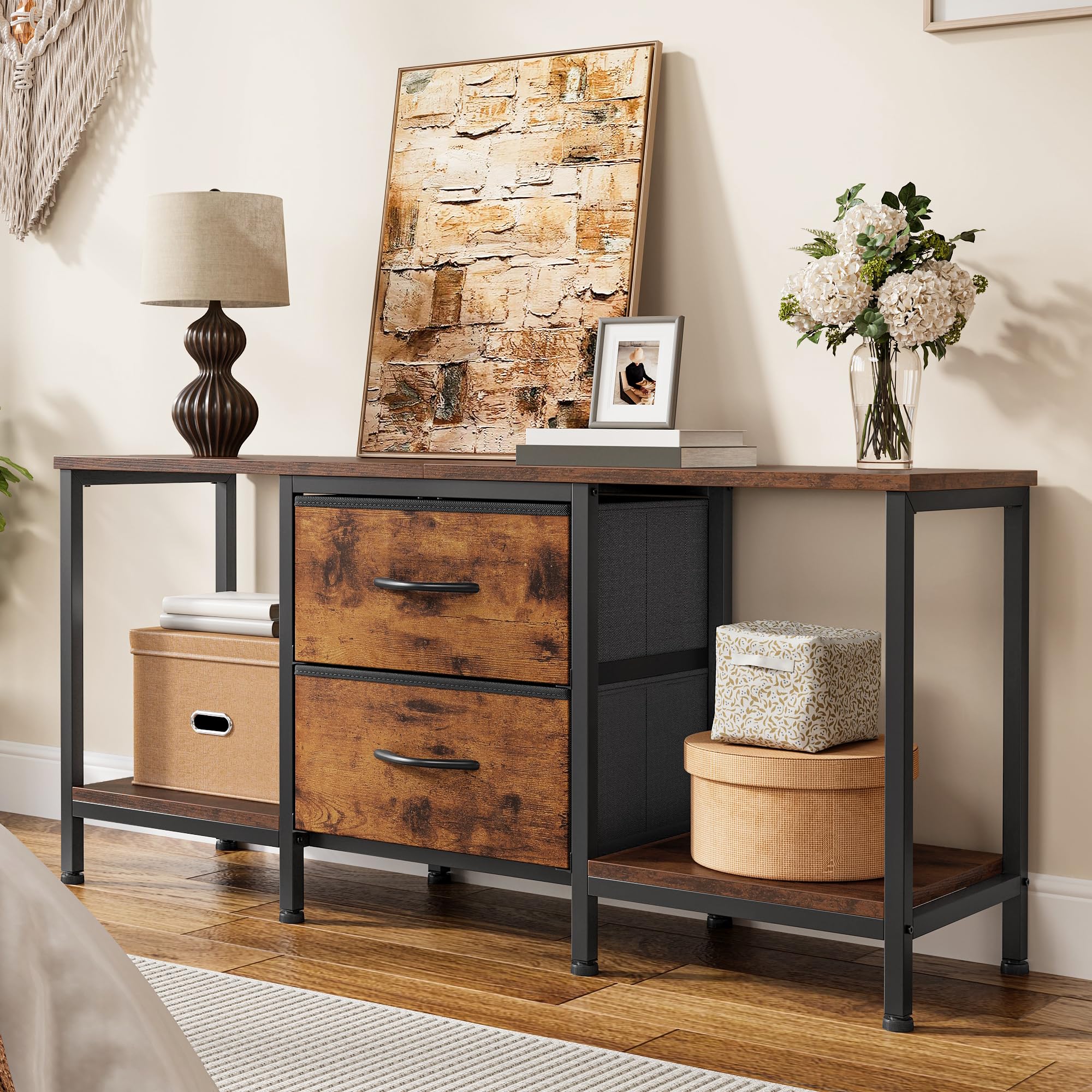 YITAHOME TV Schrank für bis zu 47 Zoll Fernseher, Fernsehtisch Mediaschrank mit 2 Stoffschubladen & 2 Ablagefächern, 110 x 30 x 50 cm Stahlgestell TV Lowboard für Wohnzimmer & Schlafzimmer