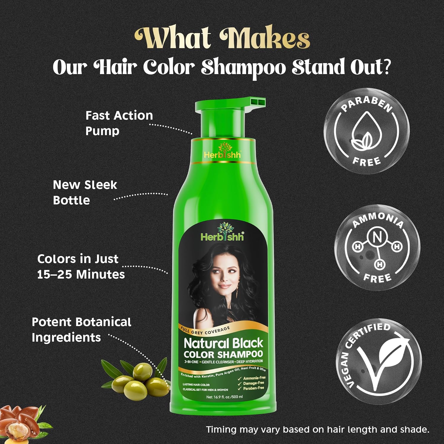 Herbishh Black 3 In 1 Hair Dye Shampoo 16.9 Fl Oz & Argan Oil Mask 28.2 Fl Oz Combo - Champu Para Canas Mujer - Hair Dye Shampoo for Men & Women - Hair Mask For Moisturizer Dry, Damaged Hair