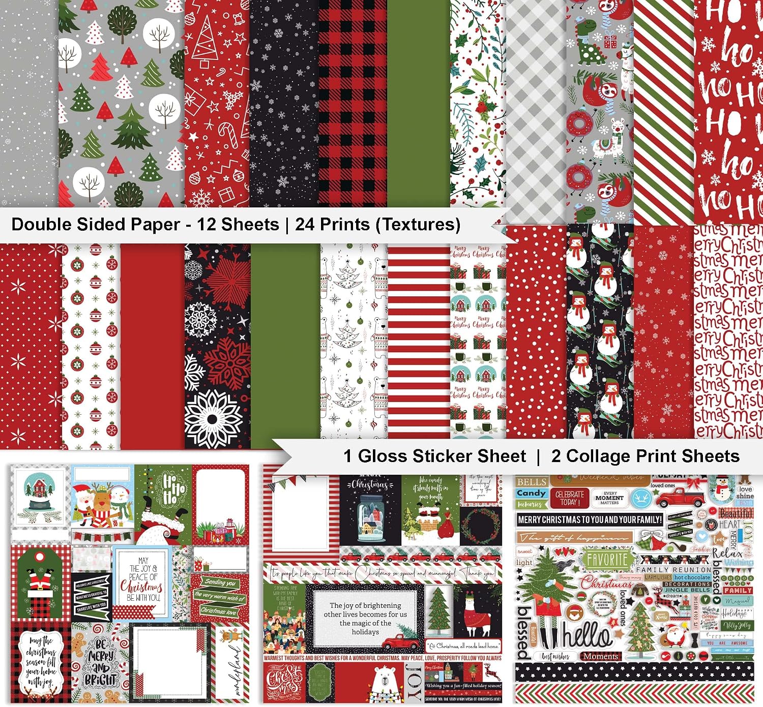 Inkdotpot Red Green Christmas Theme Collection Double,Sided Scrapbook Paper Kit Cardstock 12"x12" Card Making Paper Pack of with Sticker Sheet - 16 Pages - Brown & Yellow