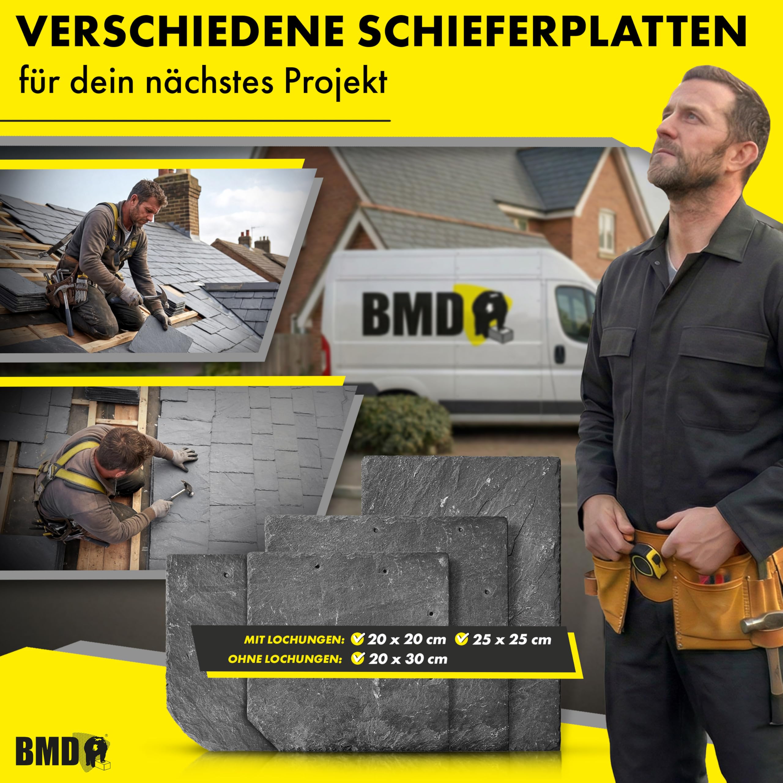 1m² (40 Stück) Naturschiefer 20x20cm Uni | 1. Wahl | 4 Größen | spanischer Markenschiefer für Dach & Fassade | Universal Schiefer Schornstein Gaube | Dachdecker Qualität 1. Sortierung