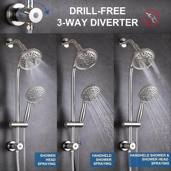High Pressure Handheld/Rain 82-Mode 3-Way Shower Head Combo with 25.75 Adjustable Drill-Free Stainless Steel Slide Bar, Pet & Tub Power Wash and Anti-Clog Nozzles, with 5ft Hose - Brush Nickel