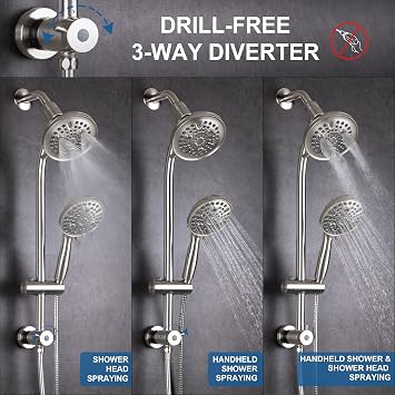 High Pressure Handheld/Rain 82-Mode 3-Way Shower Head Combo with 25.75 Adjustable Drill-Free Stainless Steel Slide Bar, Pet & Tub Power Wash and Anti-Clog Nozzles, with 5ft Hose - Brush Nickel