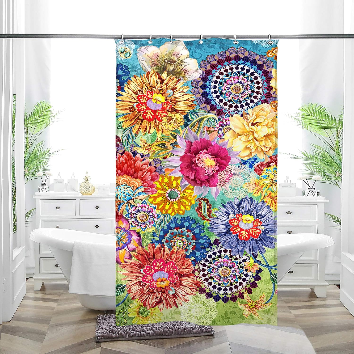 MACOFE Stall Size 36x72 Inch Narrow Boho Floral Shower Curtain with Hooks,Polyester Fabric Decorative Bohemian Colorful Flower Curtain for Bathroom Small Size