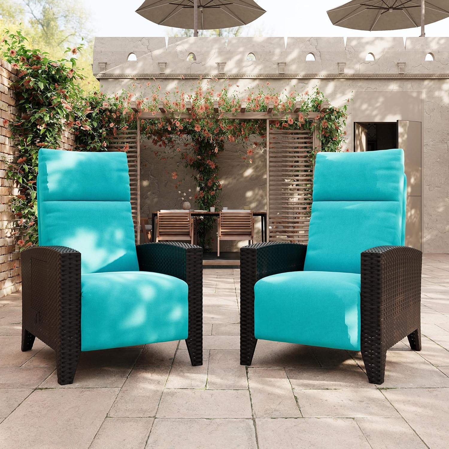 IDEALHOUSE Wicker Outdoor Recliner Reclining Patio Chair with Adjustable Back & Footrest 150° Lay-Flat Reclining with Air Pump Rattan Flip-Up Side Table Outdoor Lounge Chair for Pool Deck Balcony