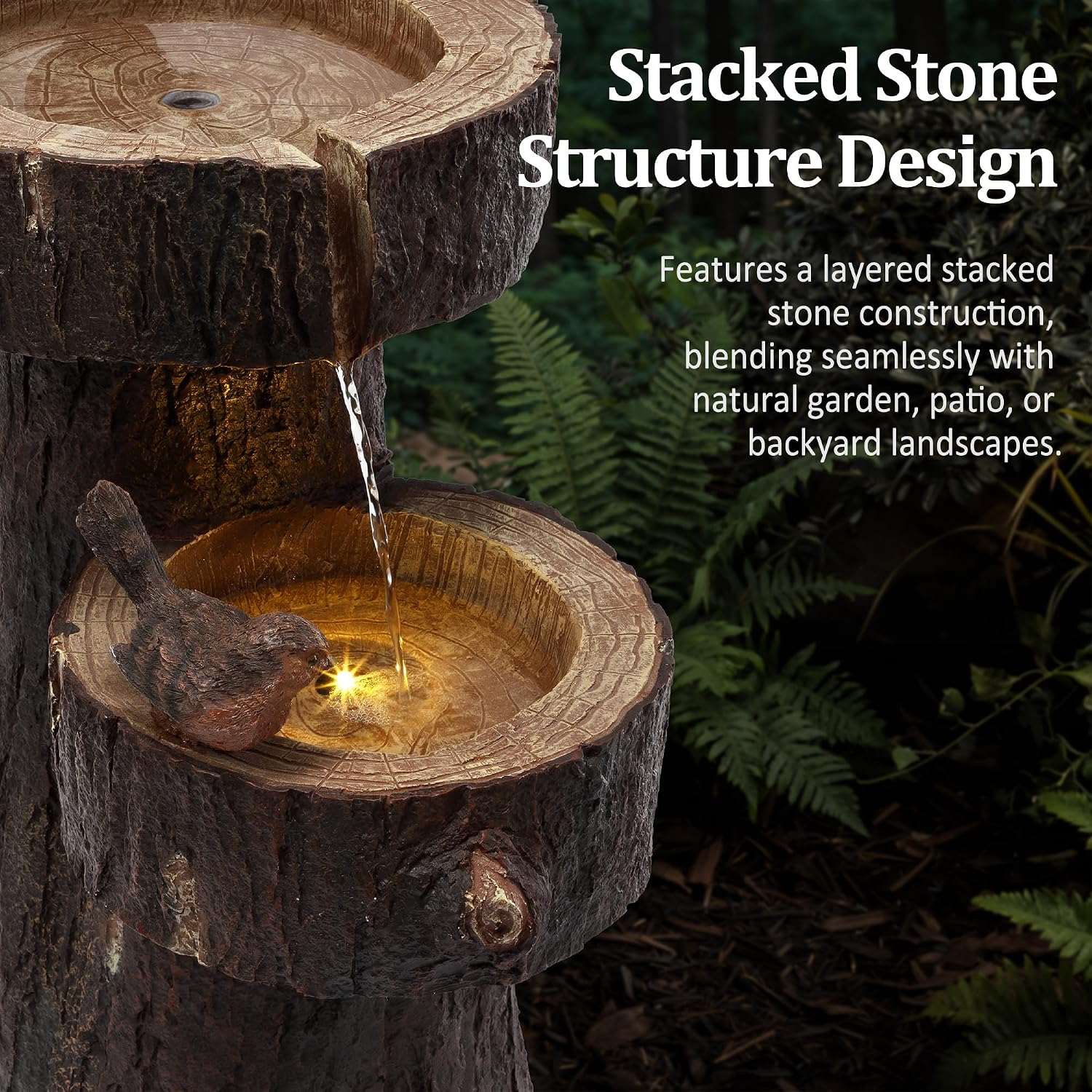 22.4" Tall Outdoor Water Fountain, 2 Tier Cascading Bowls and Stacked Water Fountain with LED Lights, for Yard Décor, Backyard, Patio and Deck (22.4'')