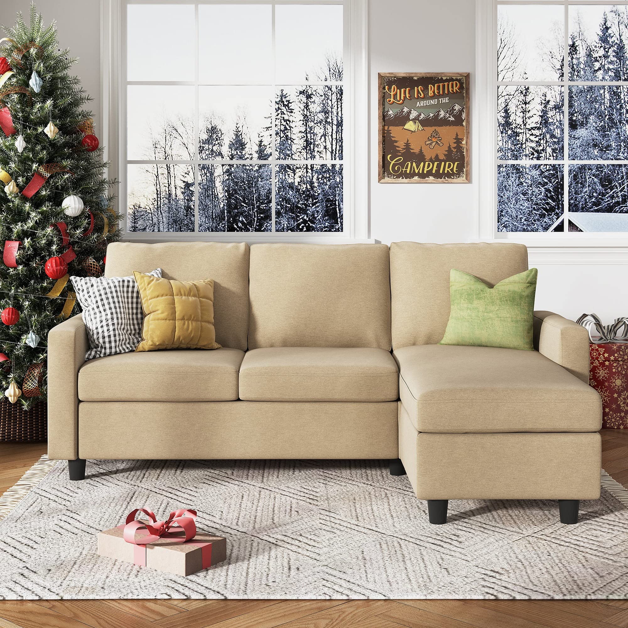Elnora Convertible Sectional Sofa Fabric 3 Seater Sofa Set (Beige)-image-8