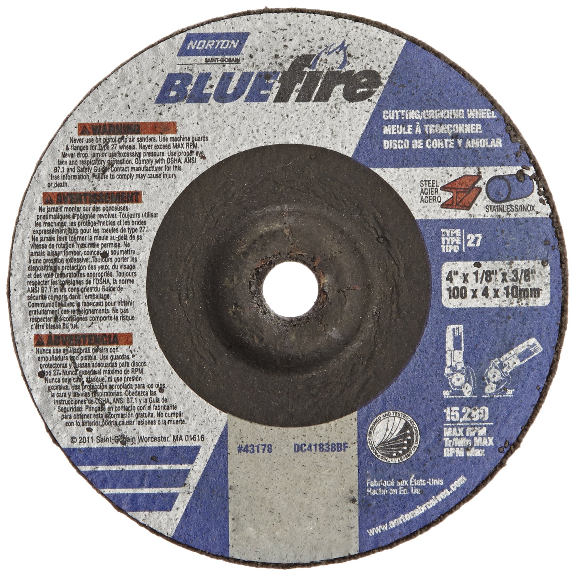 Norton Blue Fire Plus Depressed Center Abrasive Wheel, Type 27, Zirconia Alumina and Aluminum Oxide, 3/8