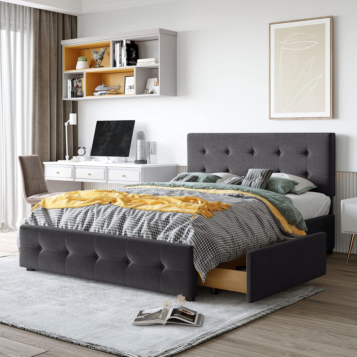 Upholstered Platform Bed, Queen Size Button Tufted Bed Frame with 4 Drawers and Headboard,Wood Slat Support, No Box Spring Needed (Dark Gray+Drawers)