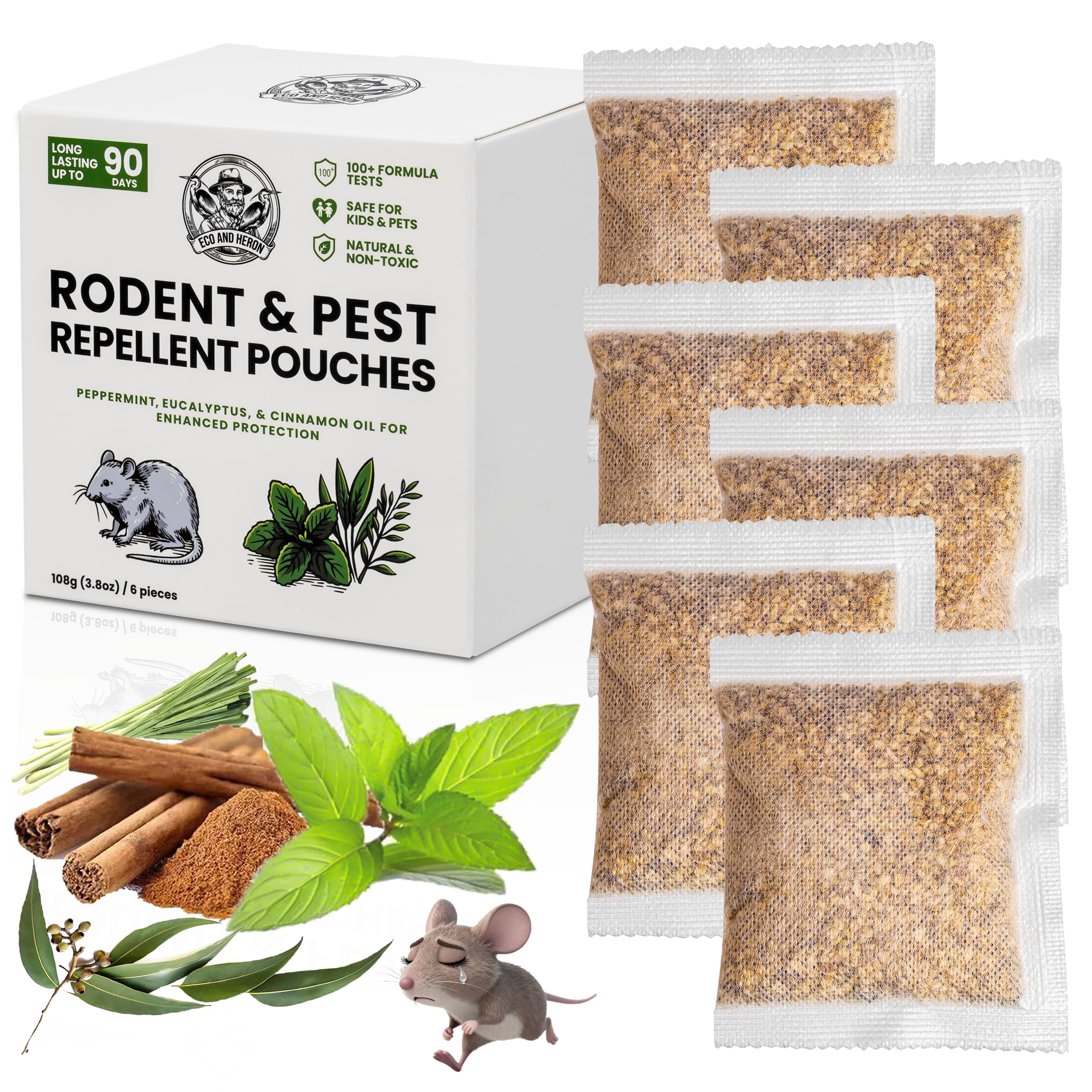 Eco and Heron Mouse & Spider Repellent with Peppermint Oil, Mice & Rat Repellent, Natural Rodent Repellent Pouches for Indoor & Outdoor, Strong Effective Rat Deterrent for Garden, Home, Loft, Shed