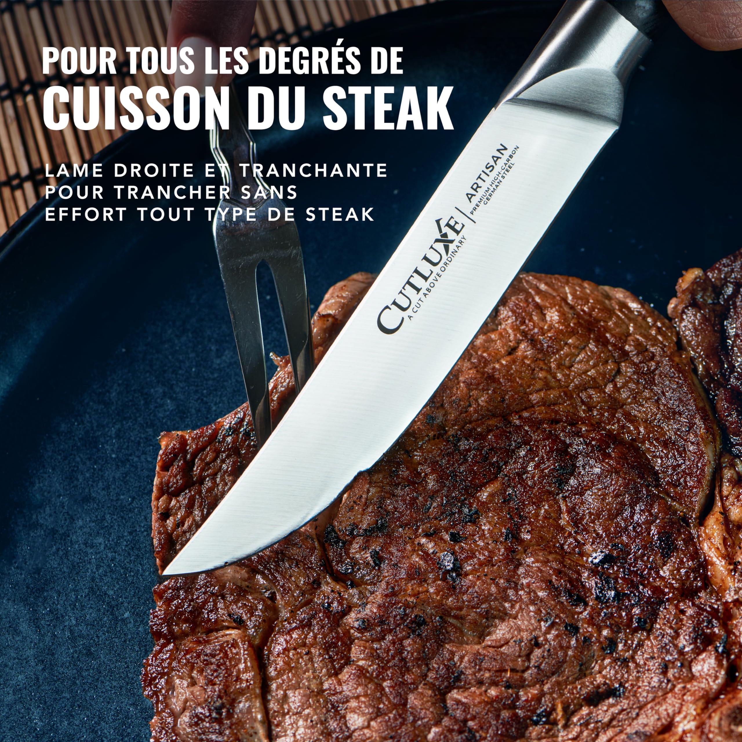 Cutluxe Couteaux à Steak 4 Pièces – Bord Uni, Couverts de Table | Lame effilée en acier allemand, manche ergonomique antidérapant; parfait pour viande grillée et repas; garantie à vie